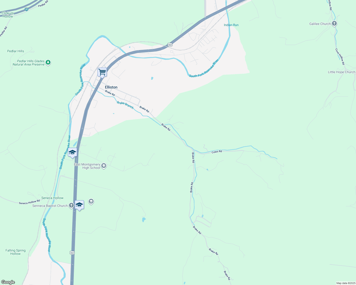 map of restaurants, bars, coffee shops, grocery stores, and more near 581 Brake Road in Elliston