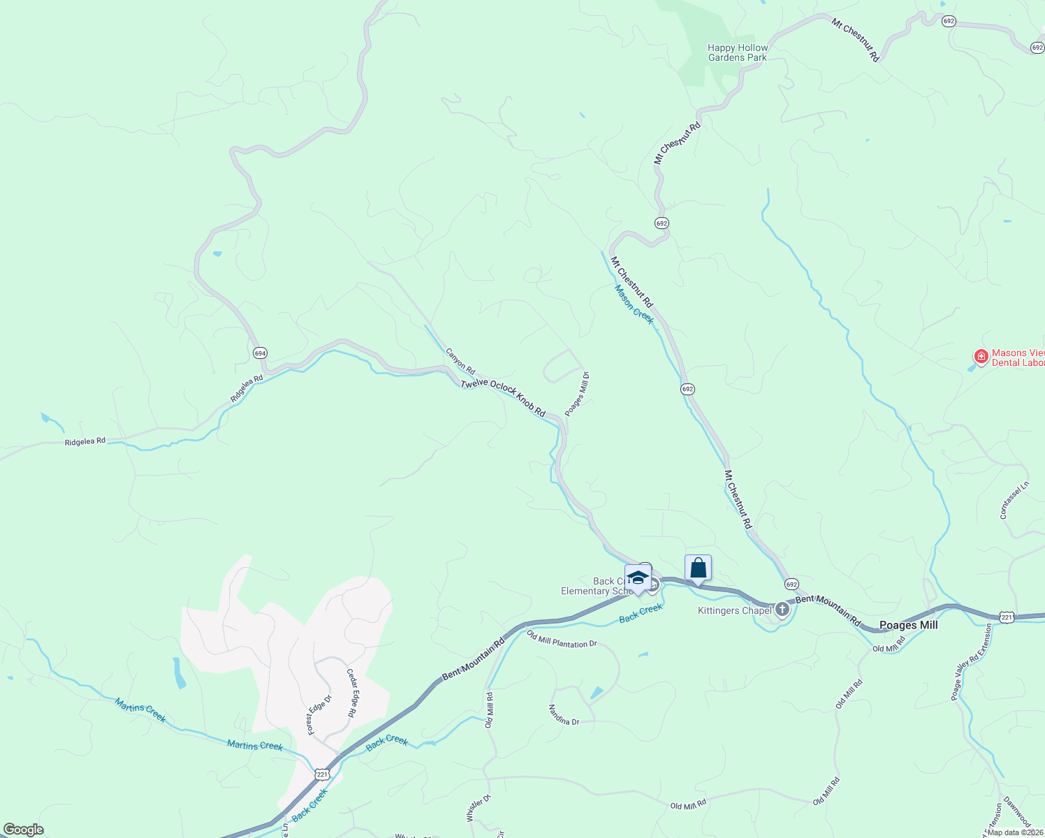 map of restaurants, bars, coffee shops, grocery stores, and more near 5701-5785 12 Oclock Knob Road in Roanoke