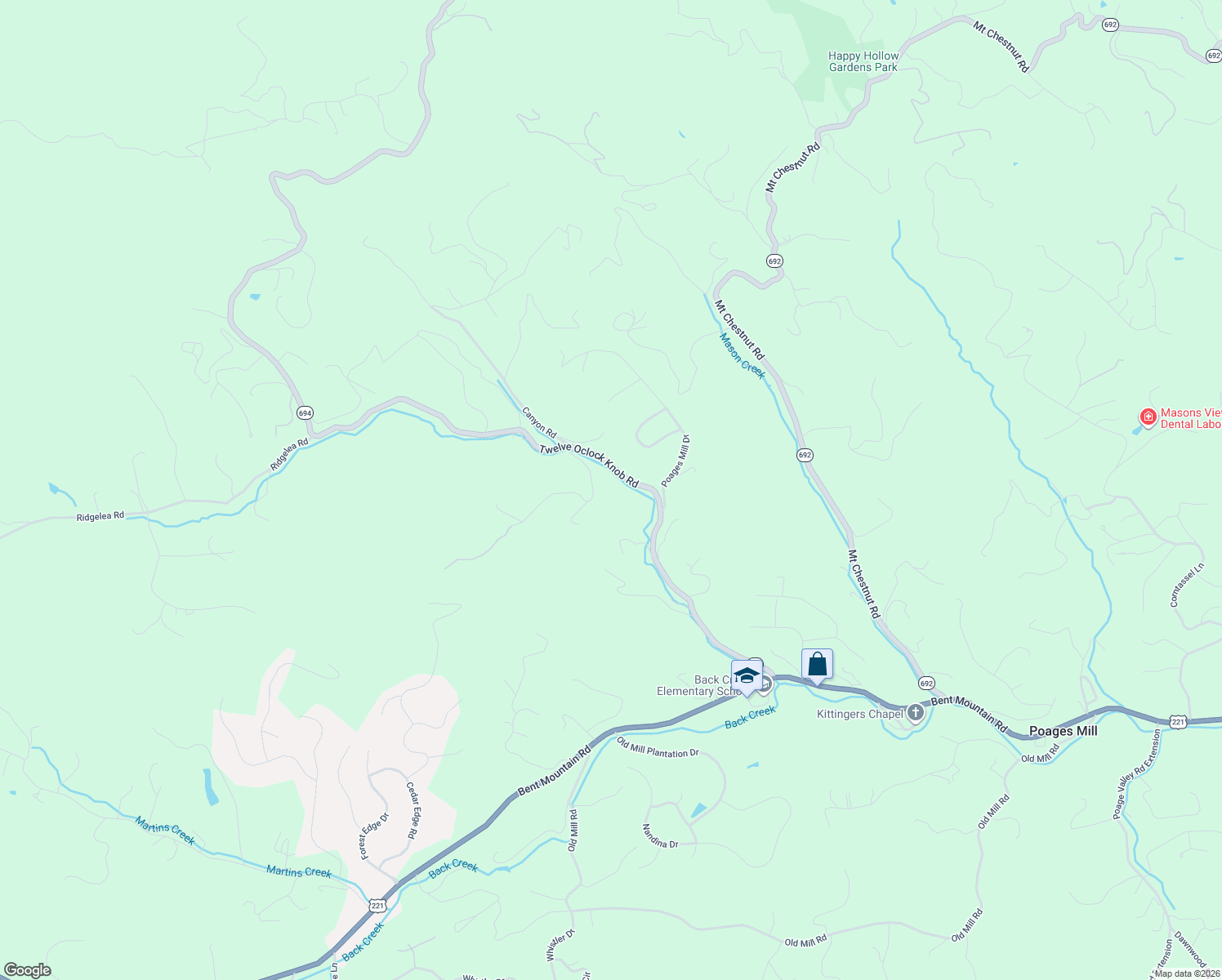 map of restaurants, bars, coffee shops, grocery stores, and more near 5701-5785 12 Oclock Knob Road in Roanoke