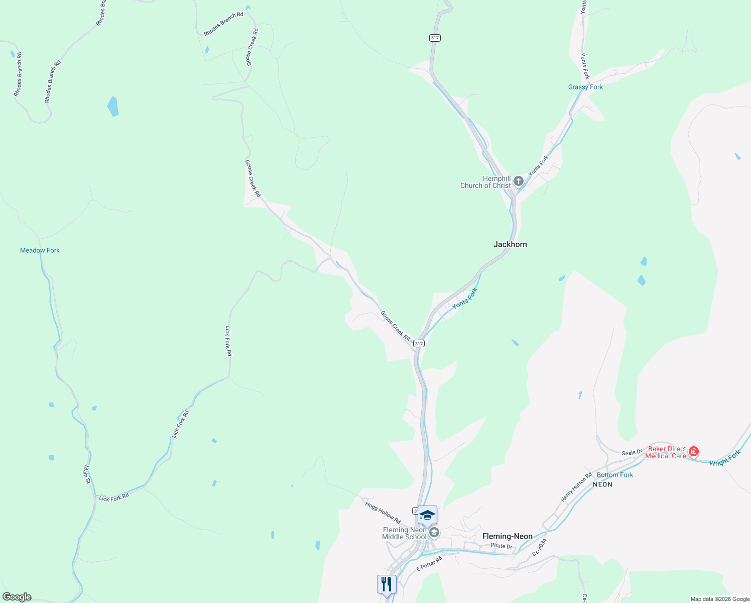 map of restaurants, bars, coffee shops, grocery stores, and more near 281 Goose Creek Road in Fleming-Neon