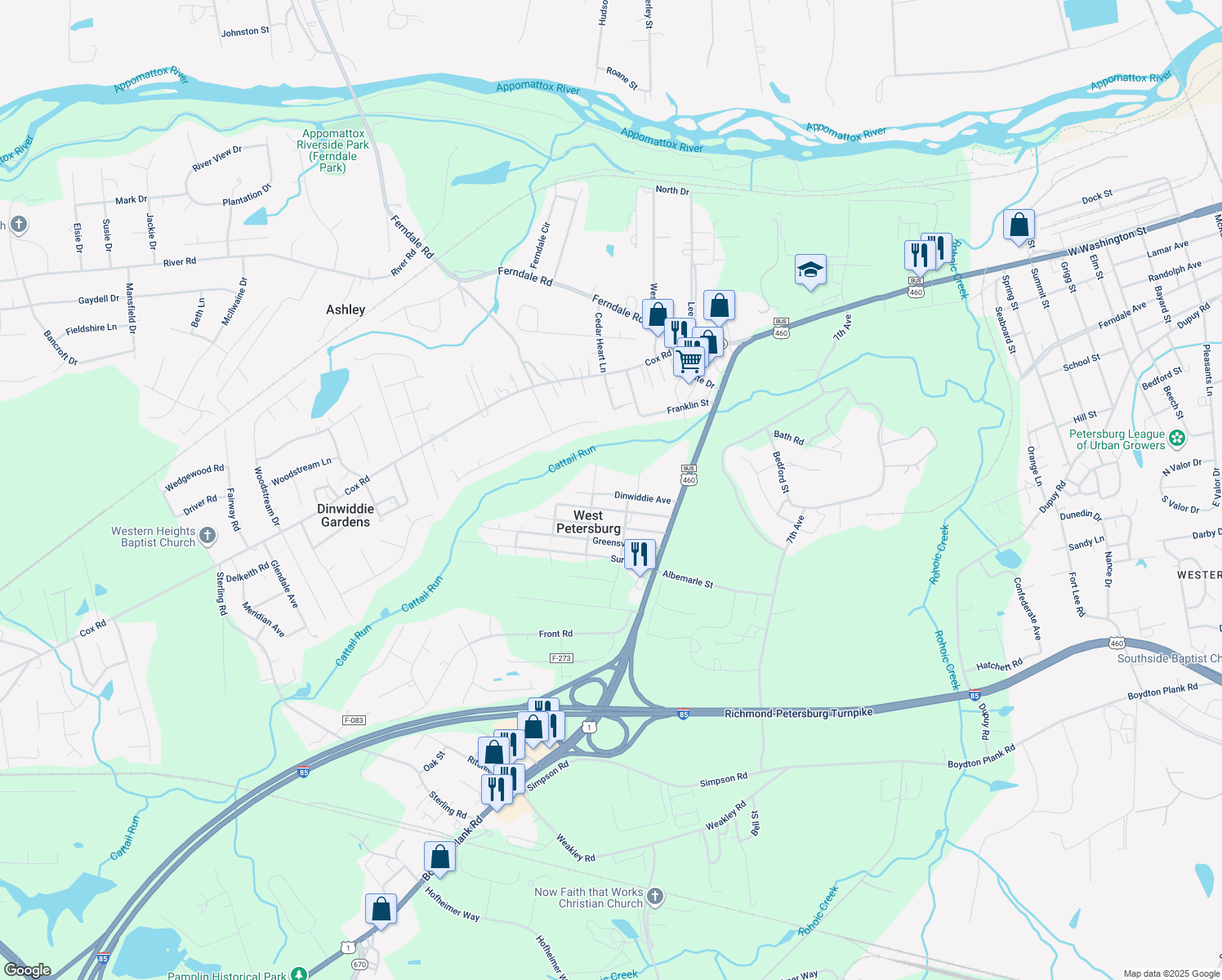 map of restaurants, bars, coffee shops, grocery stores, and more near 25712 Dinwiddie Avenue in Petersburg