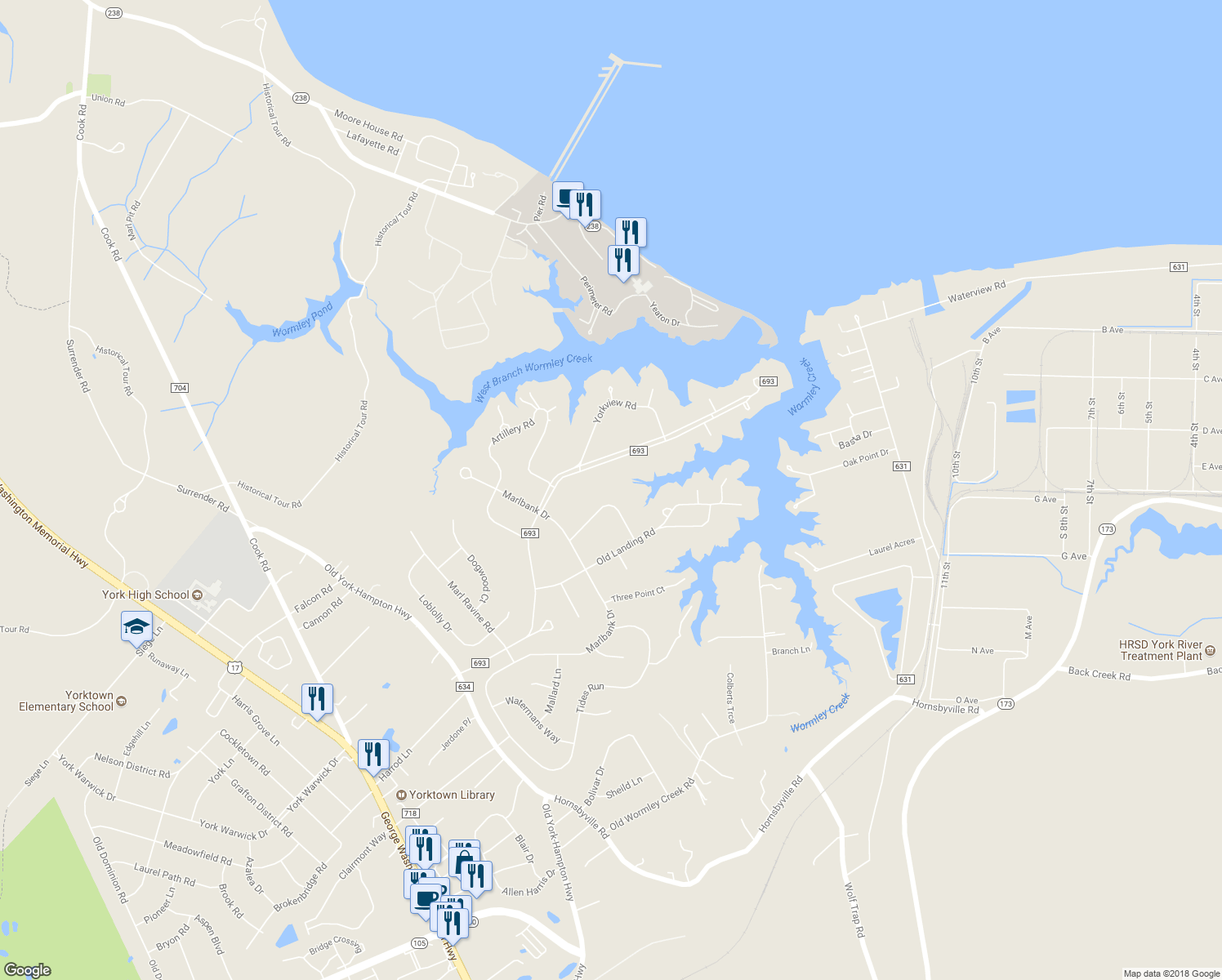 map of restaurants, bars, coffee shops, grocery stores, and more near 114 Poplar Point Road in Yorktown