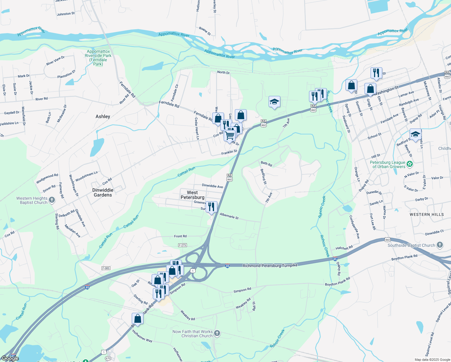 map of restaurants, bars, coffee shops, grocery stores, and more near 4610 Boydton Plank Road in Petersburg