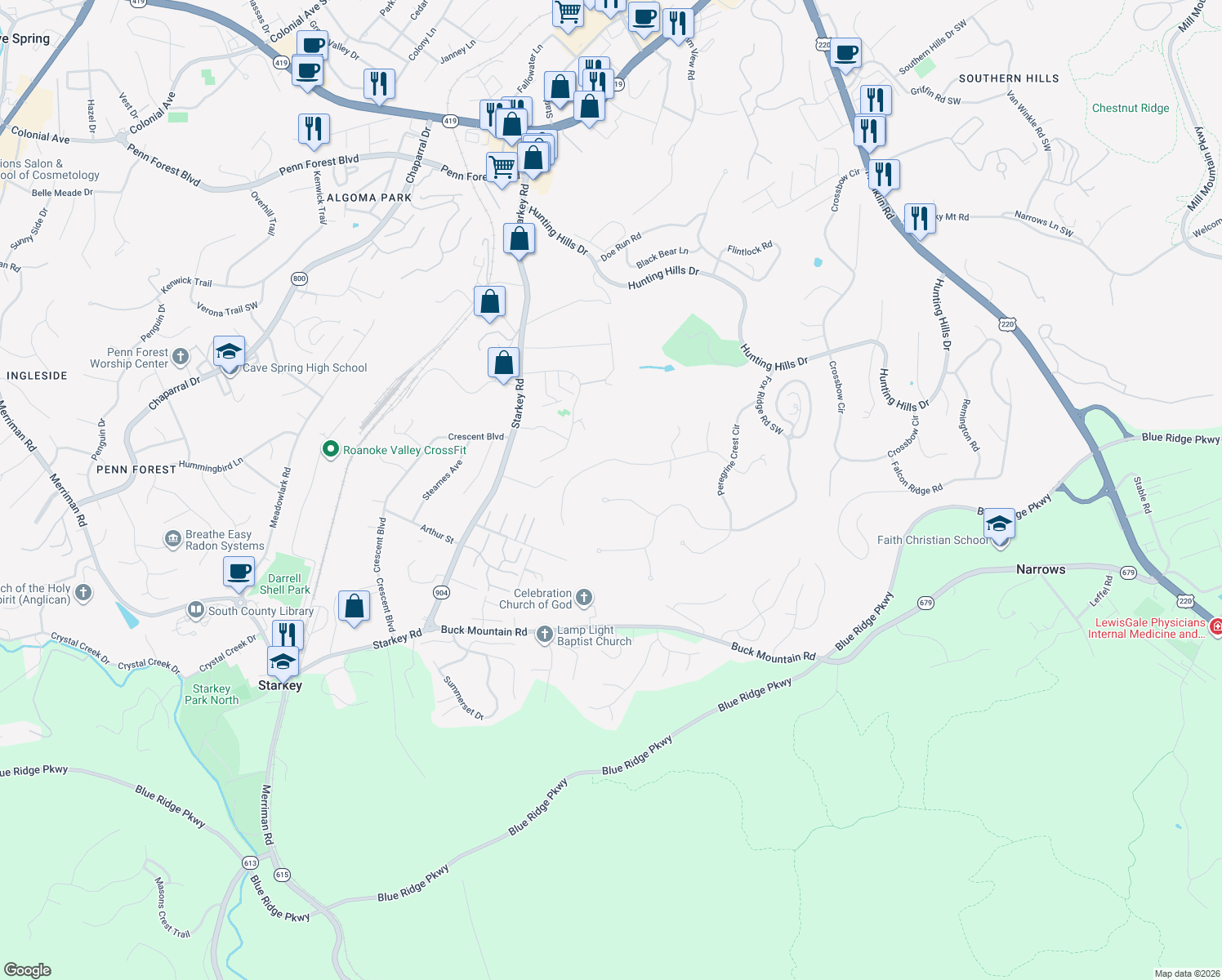 map of restaurants, bars, coffee shops, grocery stores, and more near 5338 Silver Fox Rd in Roanoke
