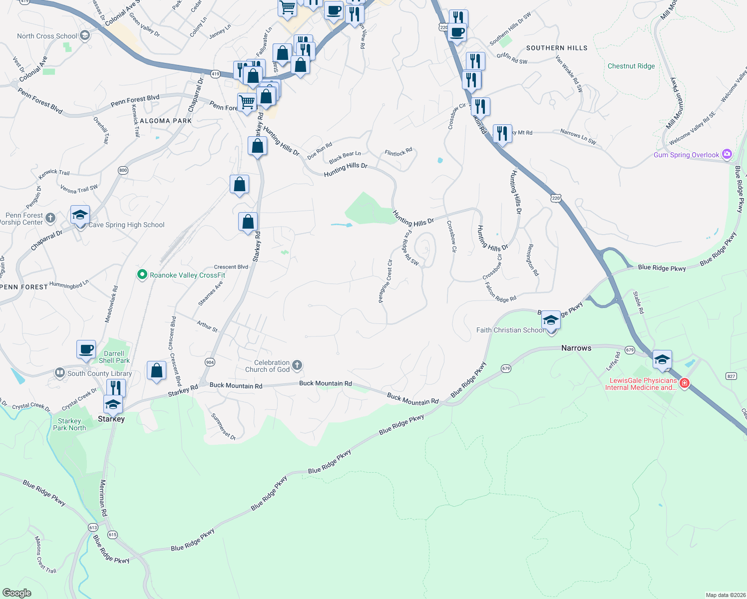 map of restaurants, bars, coffee shops, grocery stores, and more near 5426 Hunt Camp Rd in Roanoke