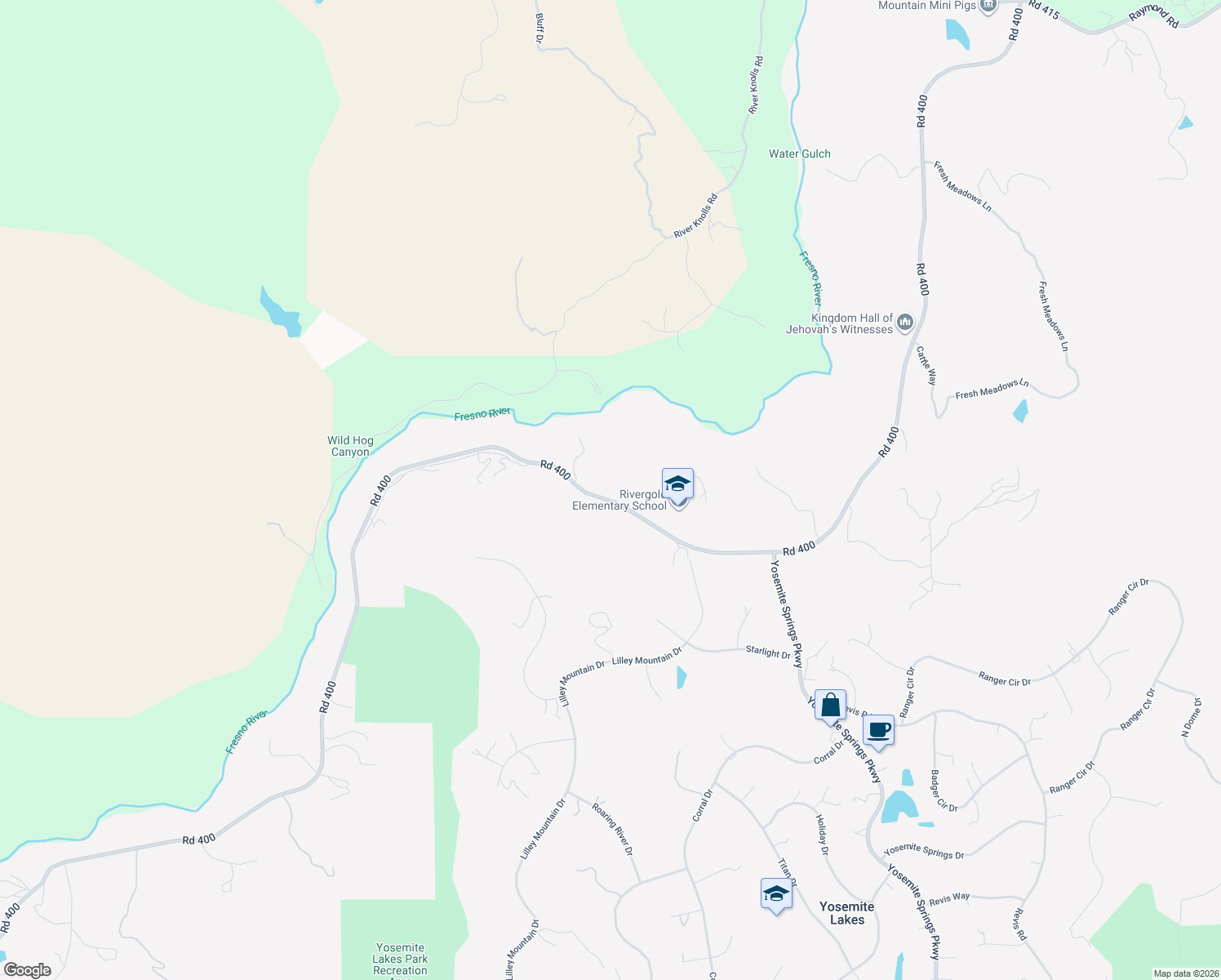 map of restaurants, bars, coffee shops, grocery stores, and more near 31749 Road 400 in Coarsegold