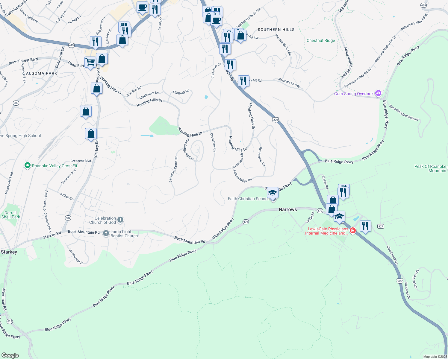 map of restaurants, bars, coffee shops, grocery stores, and more near 5025 Upland Game Road in Cave Spring