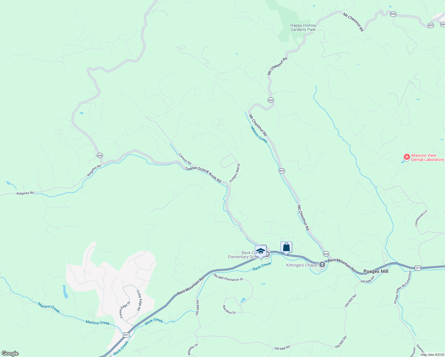 map of restaurants, bars, coffee shops, grocery stores, and more near 5784 12 Oclock Knob Road in Roanoke