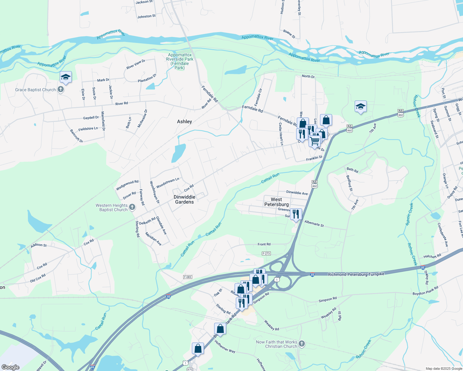 map of restaurants, bars, coffee shops, grocery stores, and more near 25211 Walkers Landing Court in Petersburg