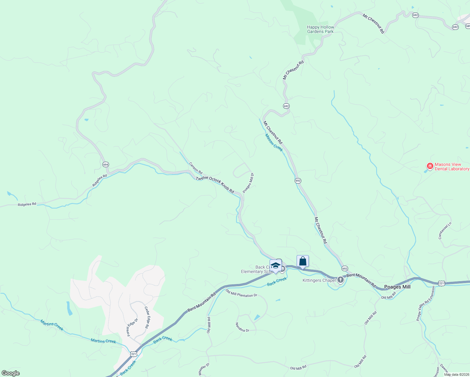 map of restaurants, bars, coffee shops, grocery stores, and more near 5784 12 Oclock Knob Road in Roanoke