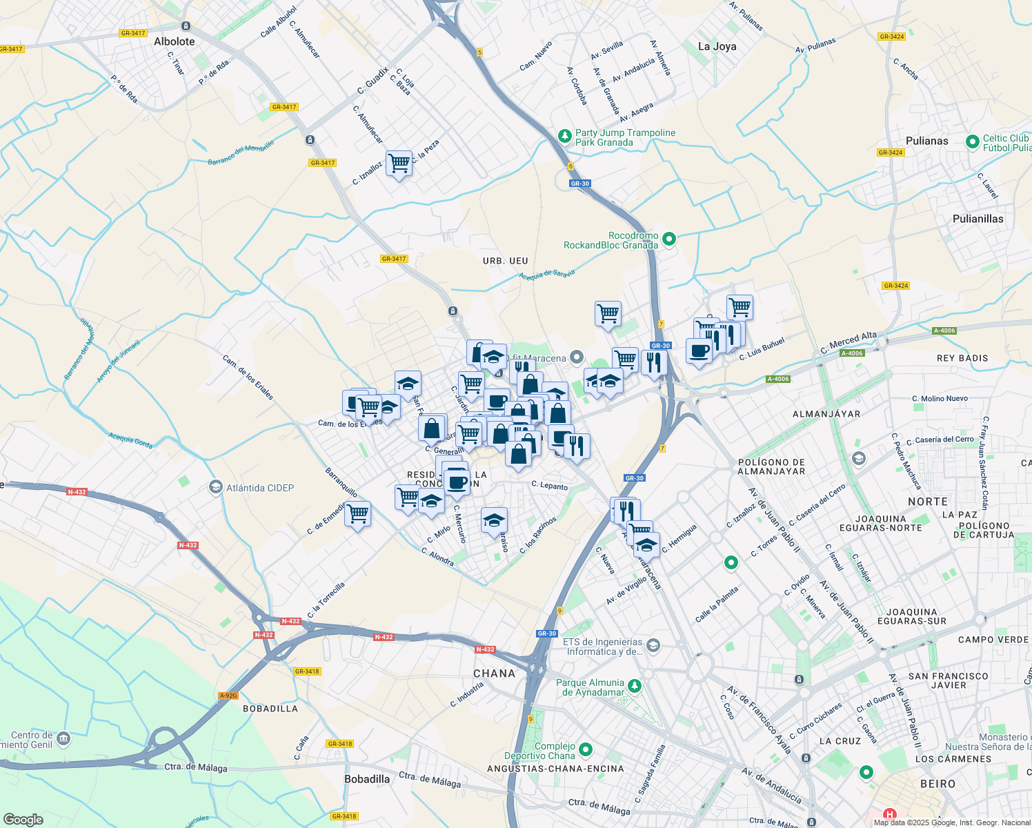 map of restaurants, bars, coffee shops, grocery stores, and more near 10 Calle Cuatro Cantillos in Maracena