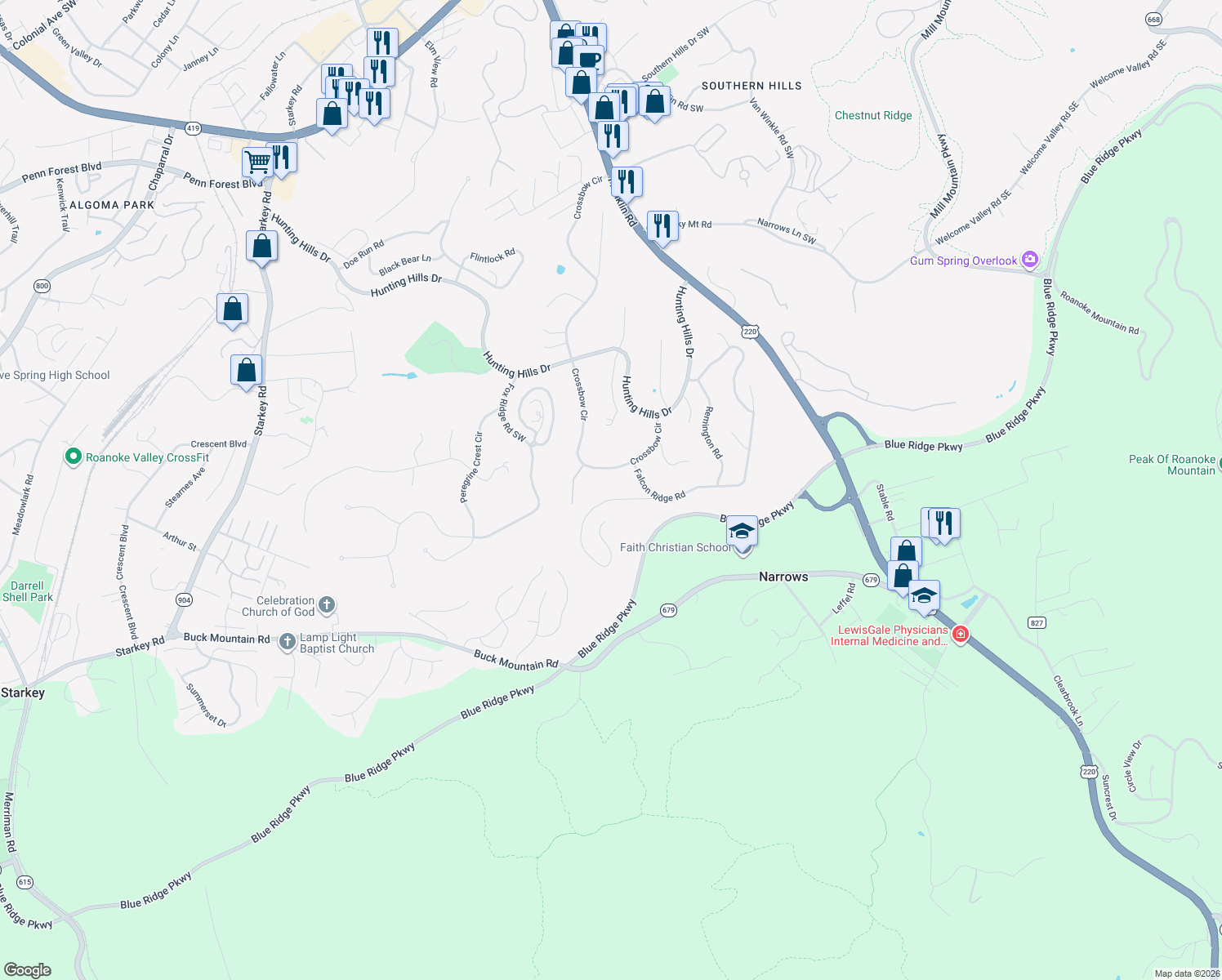 map of restaurants, bars, coffee shops, grocery stores, and more near 5025 Upland Game Road in Cave Spring