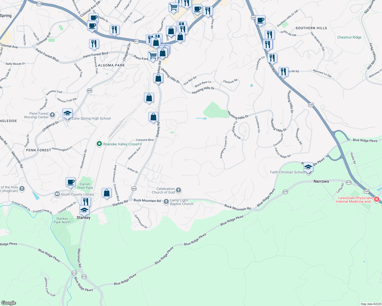 map of restaurants, bars, coffee shops, grocery stores, and more near 5338 Silver Fox Rd in Roanoke