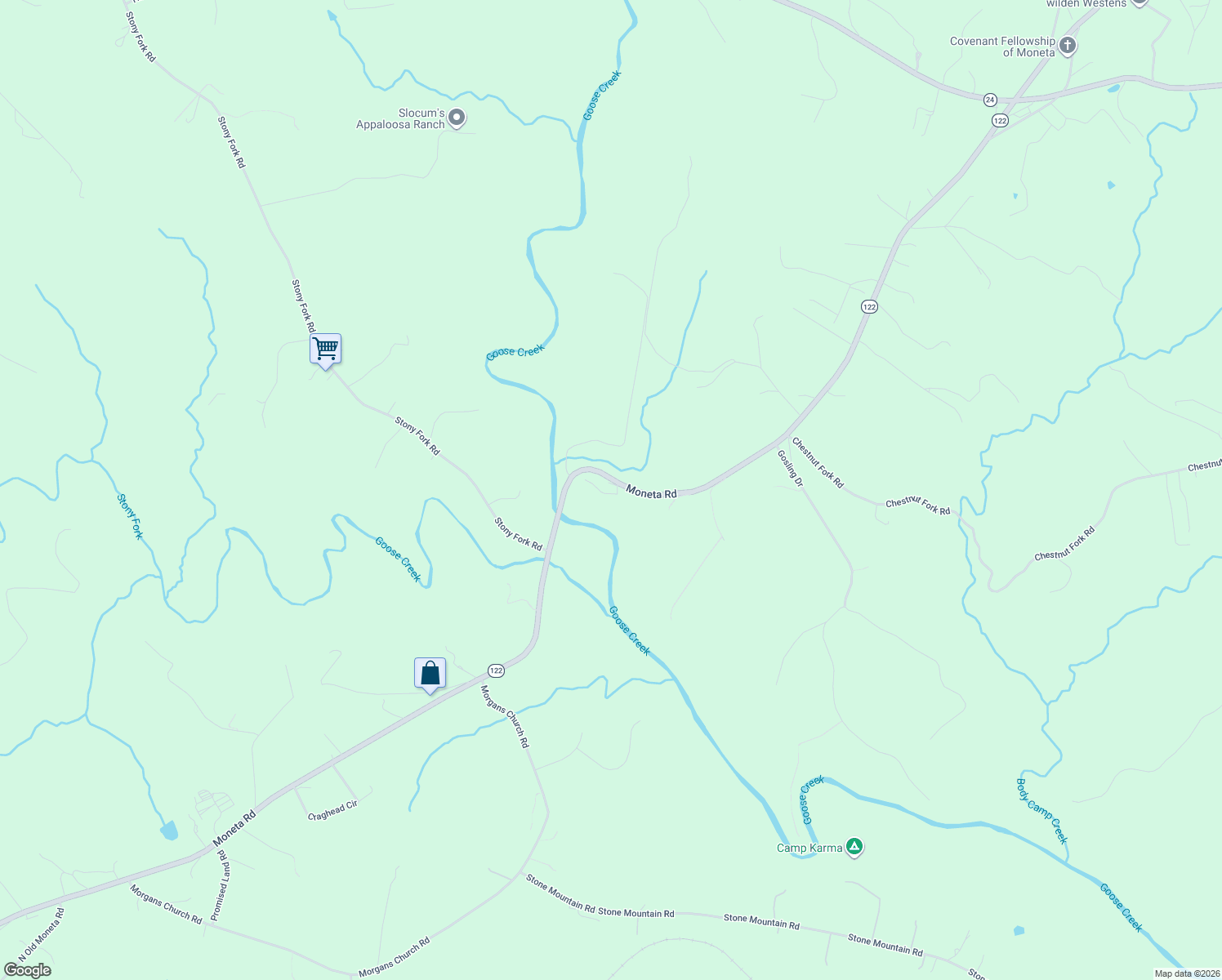 map of restaurants, bars, coffee shops, grocery stores, and more near 10048 Moneta Road in Moneta