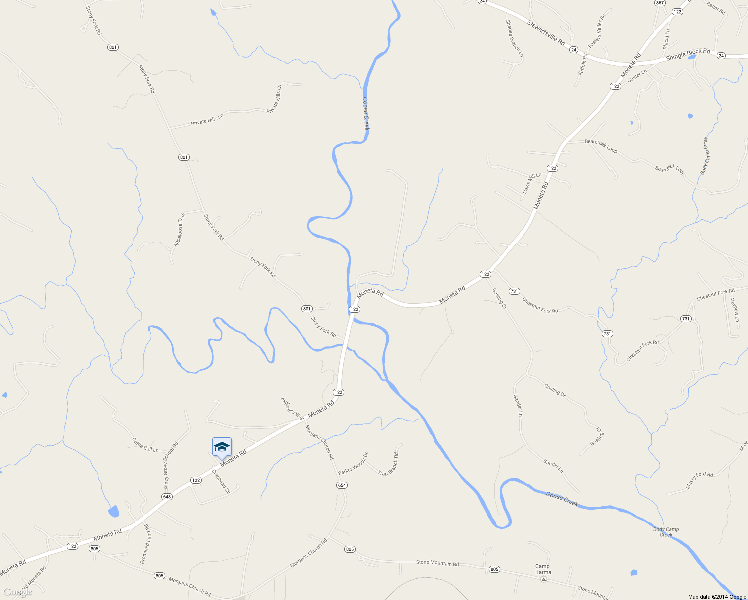 map of restaurants, bars, coffee shops, grocery stores, and more near 10048 Moneta Road in Moneta