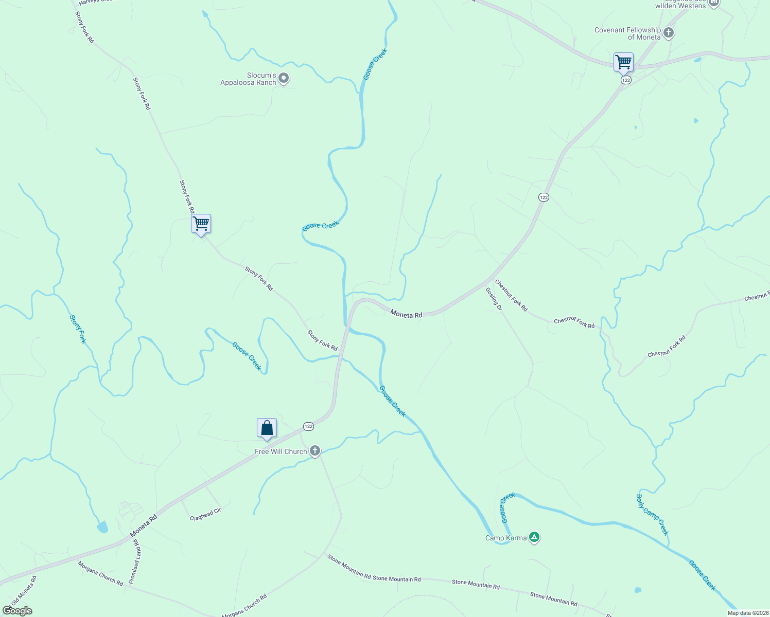map of restaurants, bars, coffee shops, grocery stores, and more near 10048 Moneta Road in Moneta