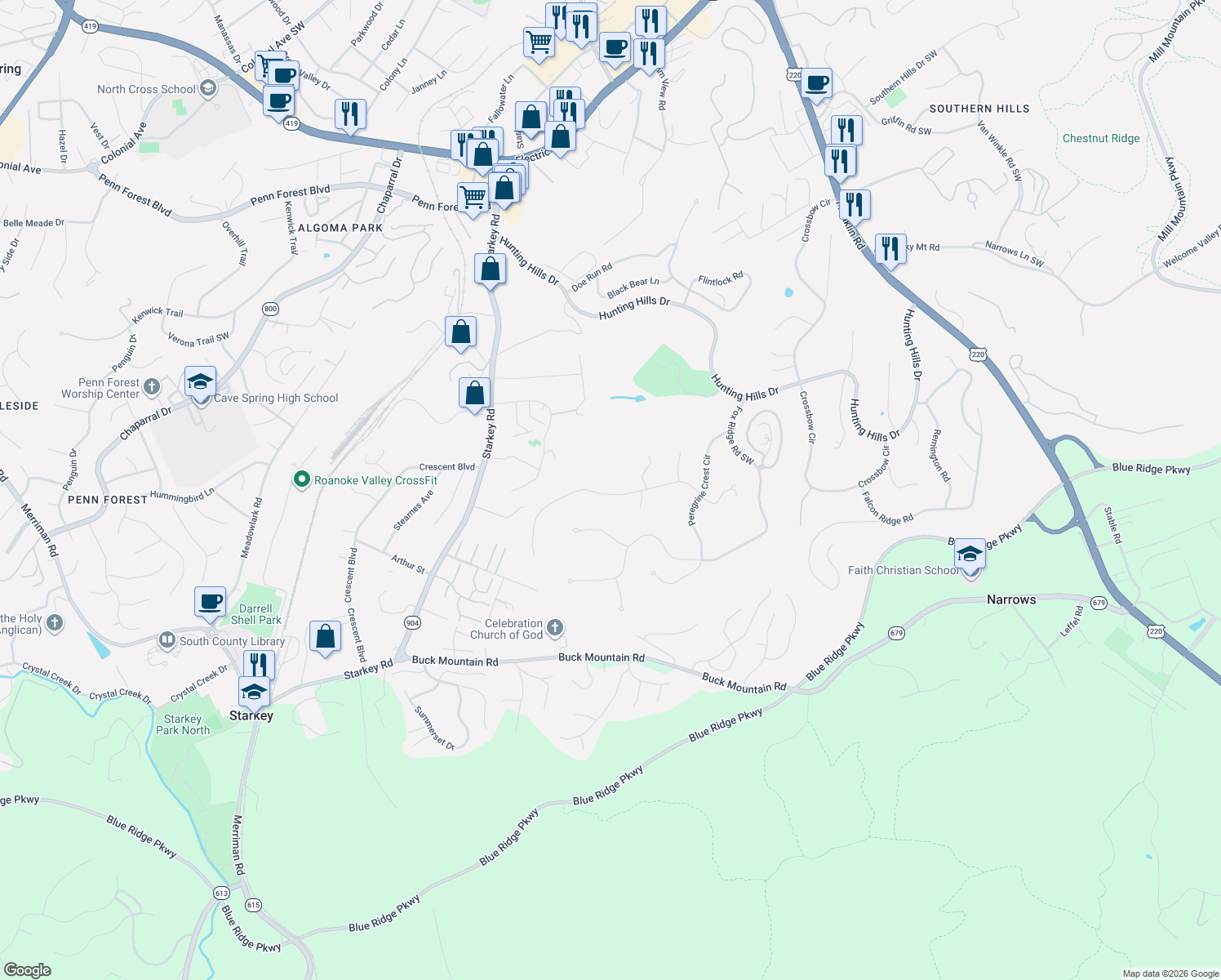 map of restaurants, bars, coffee shops, grocery stores, and more near 5432 Woodchuck Road in Cave Spring