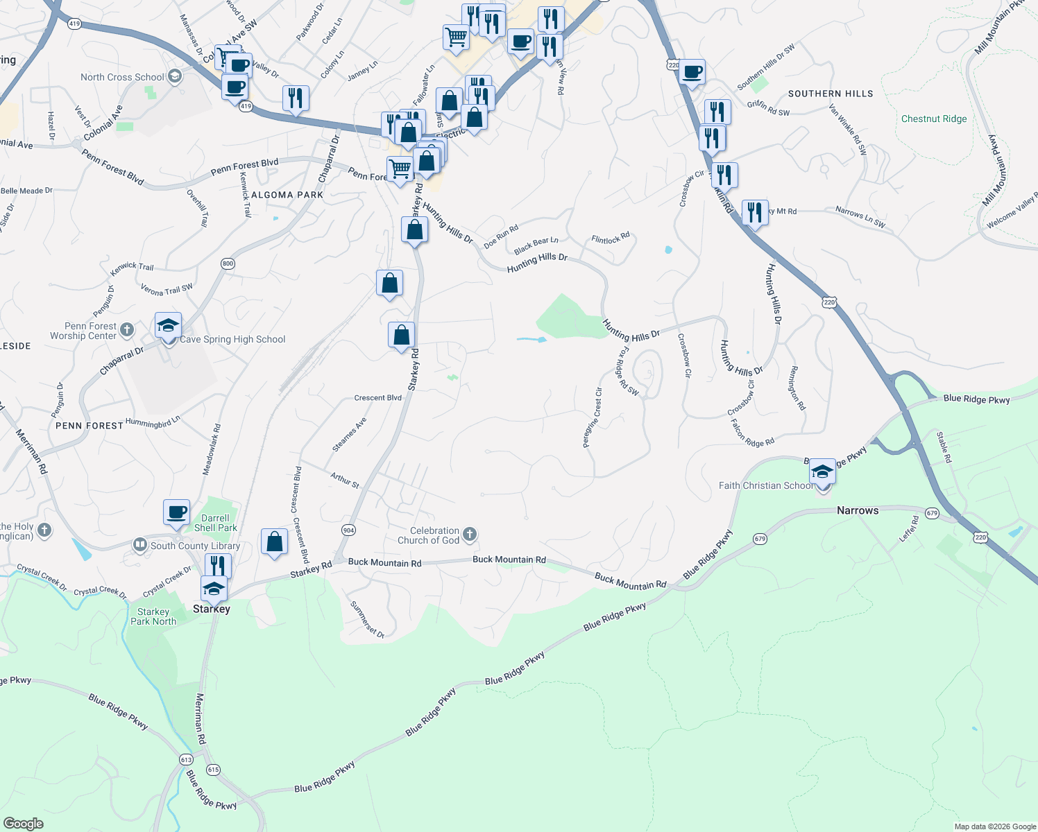 map of restaurants, bars, coffee shops, grocery stores, and more near 5432 Woodchuck Road in Cave Spring