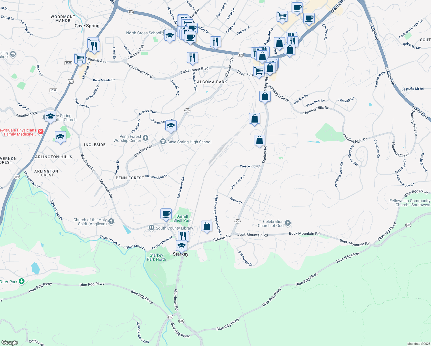 map of restaurants, bars, coffee shops, grocery stores, and more near 5532 Crestwood Drive in Roanoke