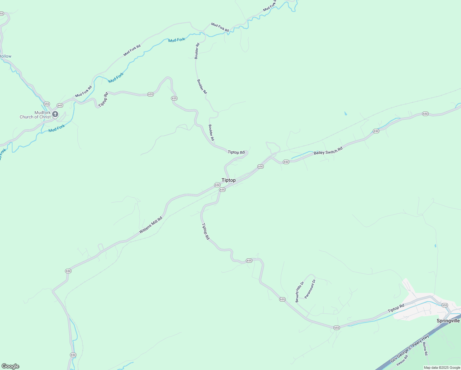 map of restaurants, bars, coffee shops, grocery stores, and more near Tiptop Road in Bluefield