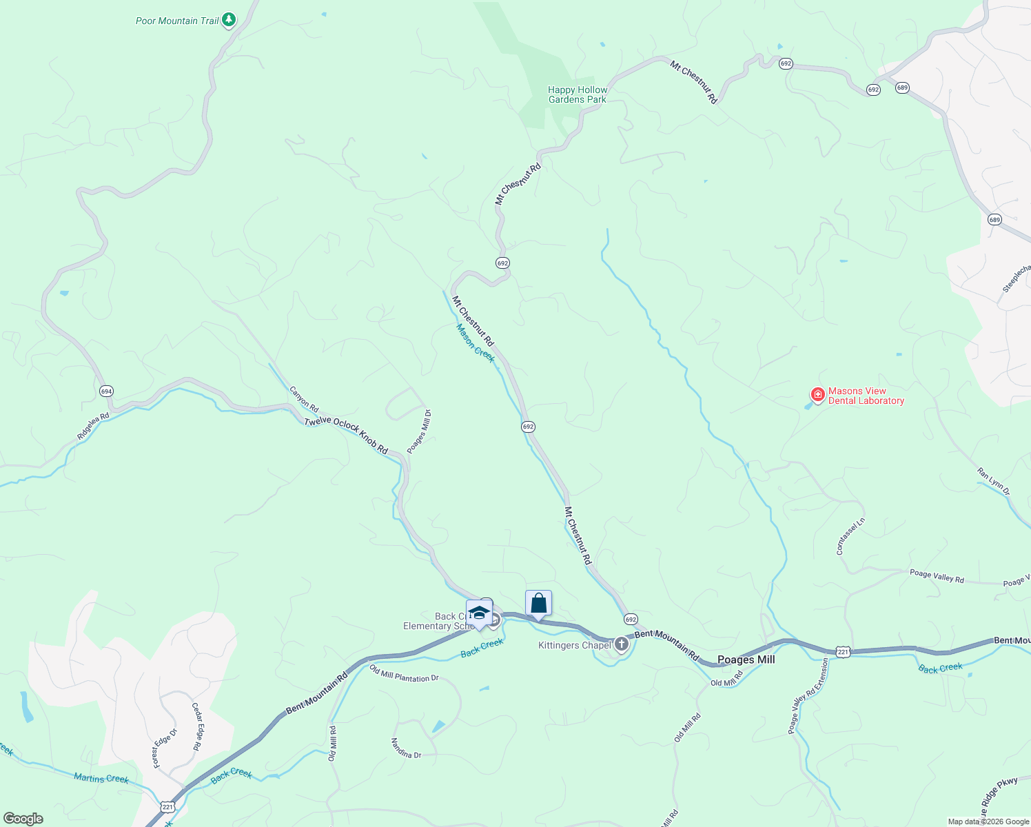 map of restaurants, bars, coffee shops, grocery stores, and more near 7495 Mount Chestnut Road in Roanoke