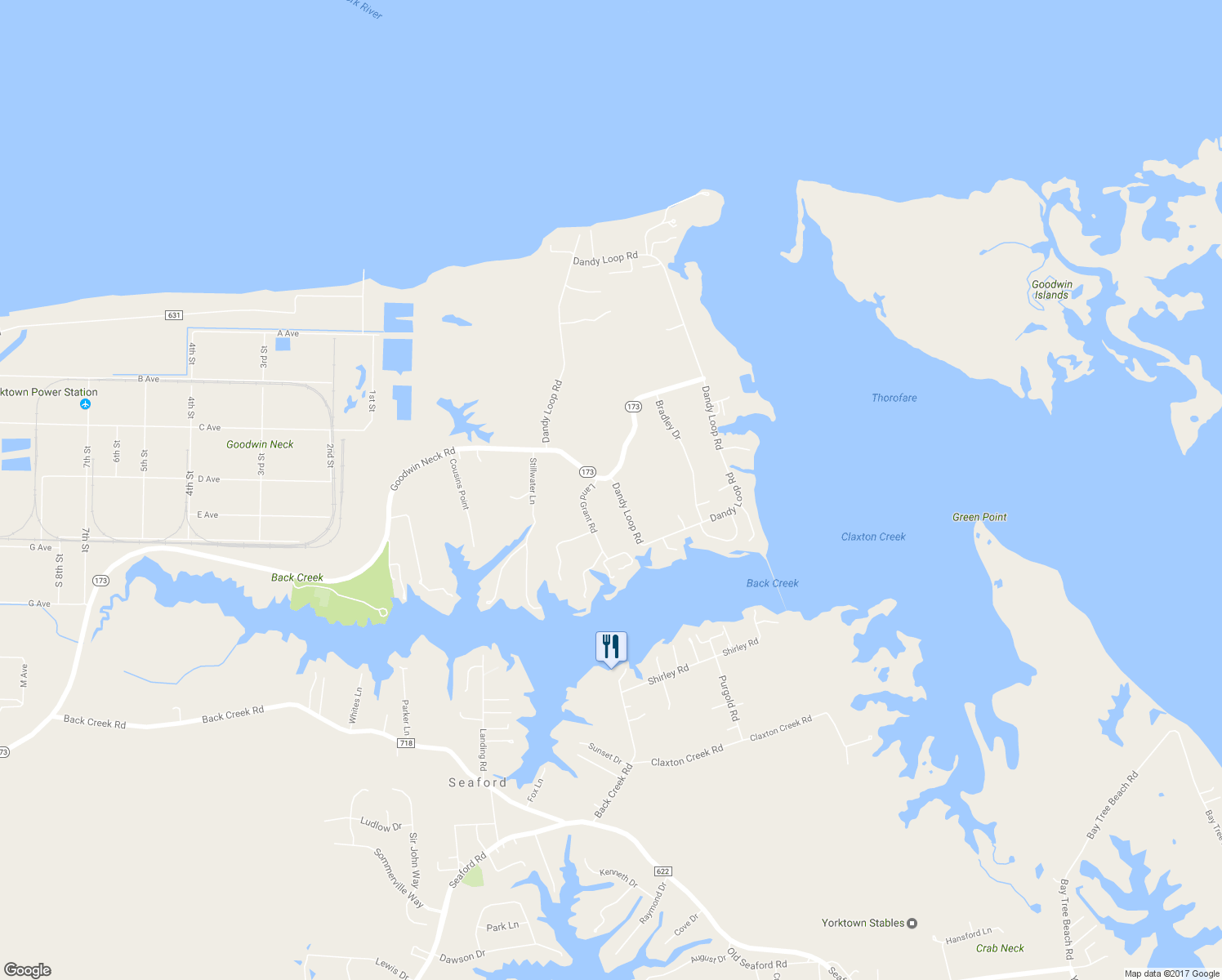 map of restaurants, bars, coffee shops, grocery stores, and more near 106 Dandy Loop Road in Yorktown
