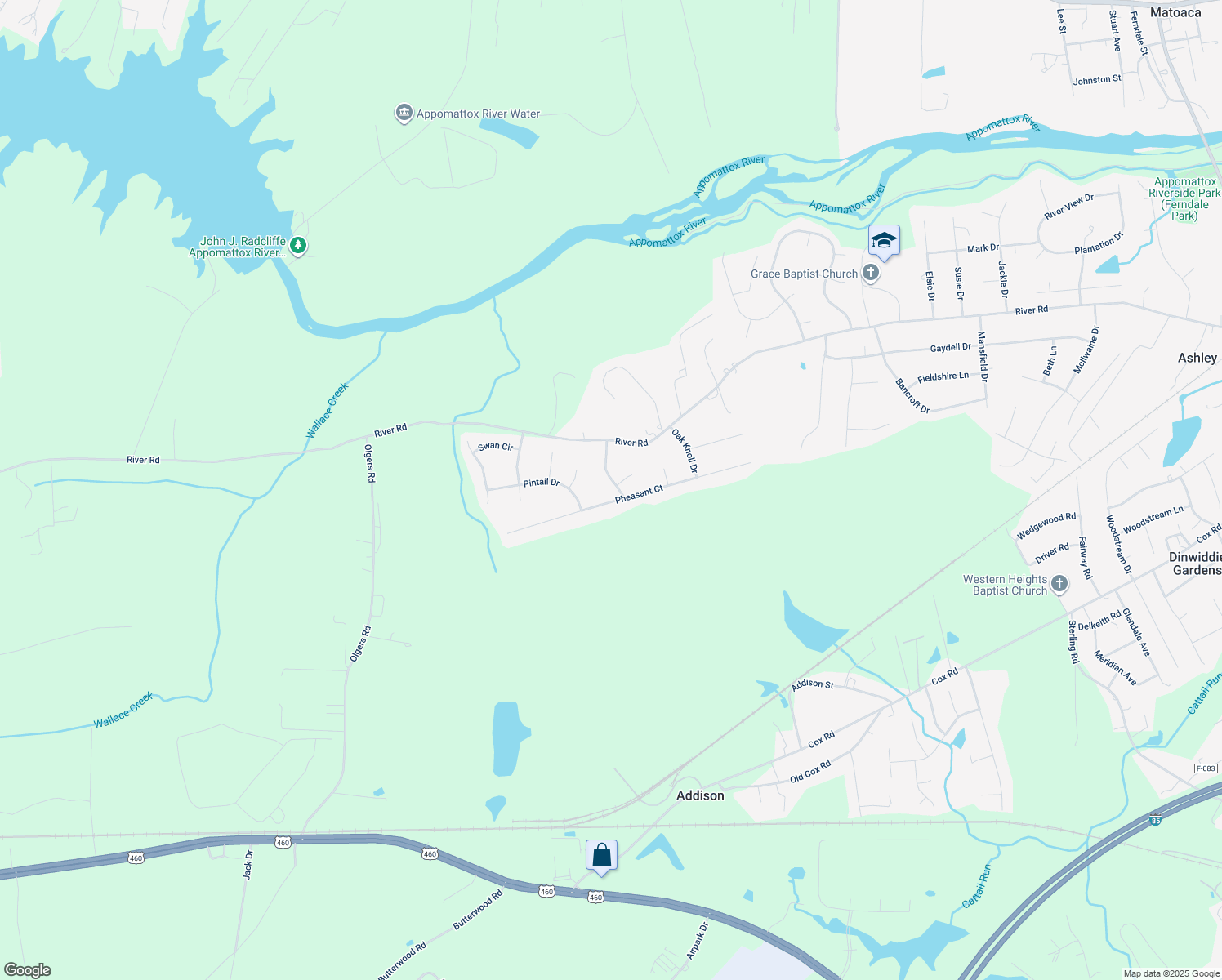 map of restaurants, bars, coffee shops, grocery stores, and more near 4406 Logan Knoll Lane in Petersburg