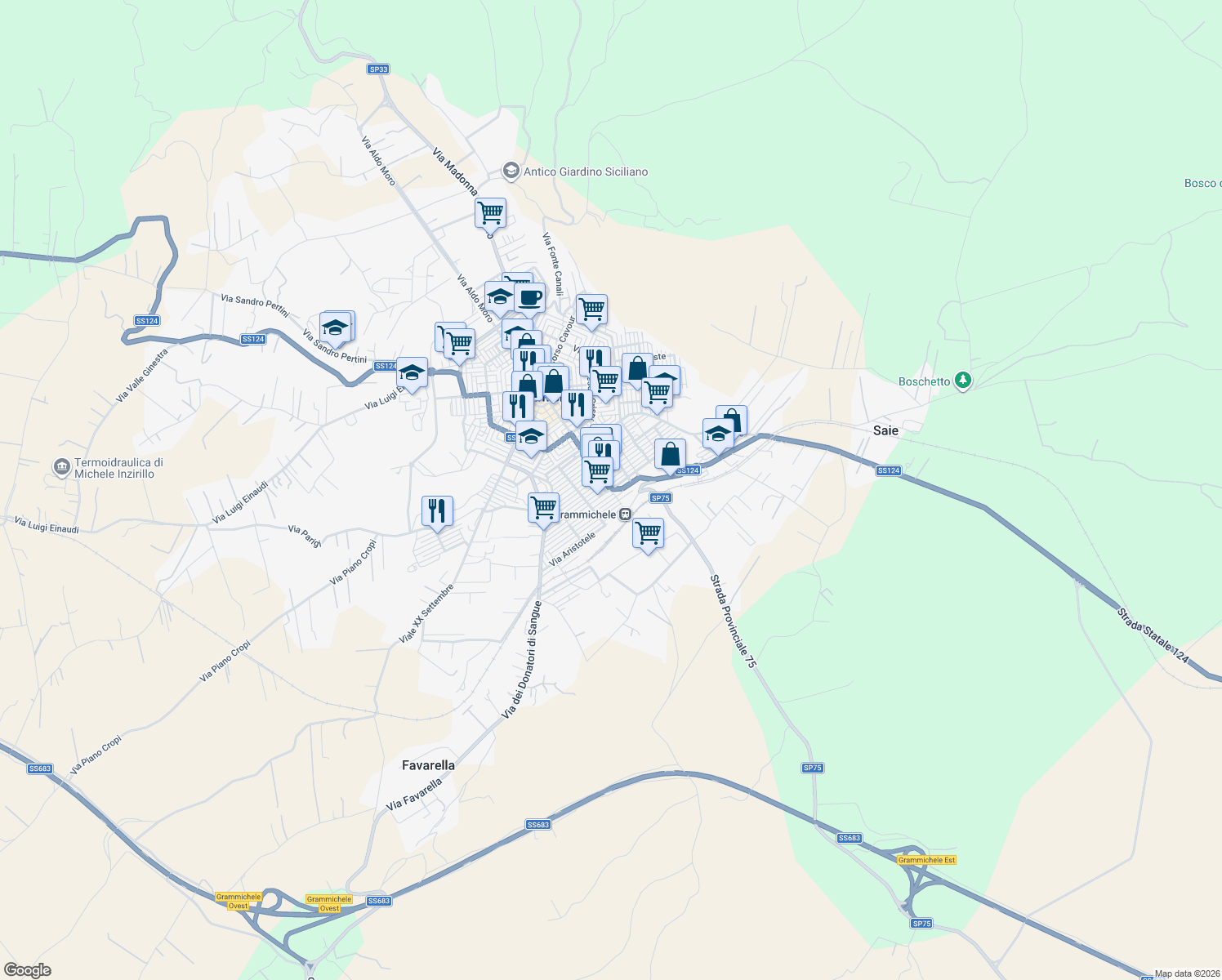 map of restaurants, bars, coffee shops, grocery stores, and more near 6 Via Filippo Turati in Grammichele