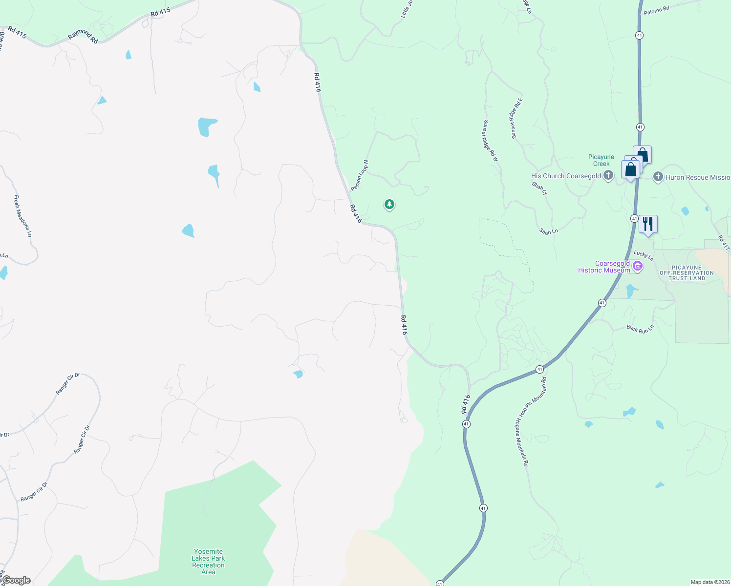 map of restaurants, bars, coffee shops, grocery stores, and more near 44719 Savage Road in Coarsegold