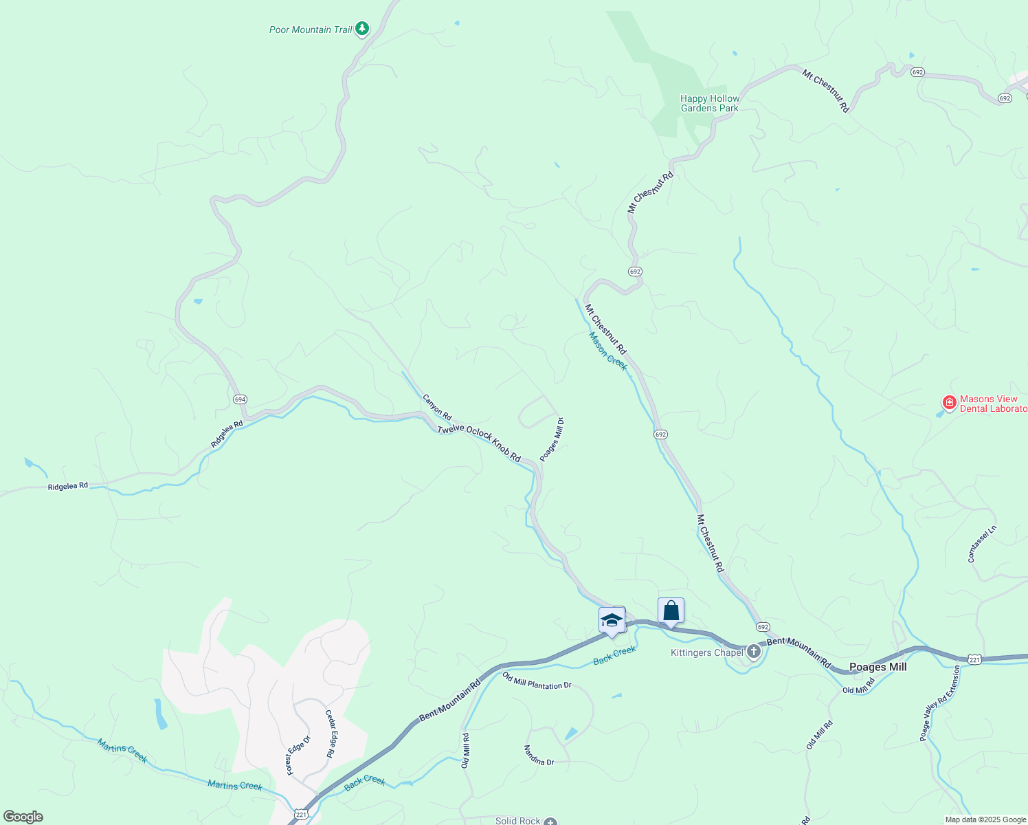 map of restaurants, bars, coffee shops, grocery stores, and more near 6570 Mill Run Circle in Roanoke