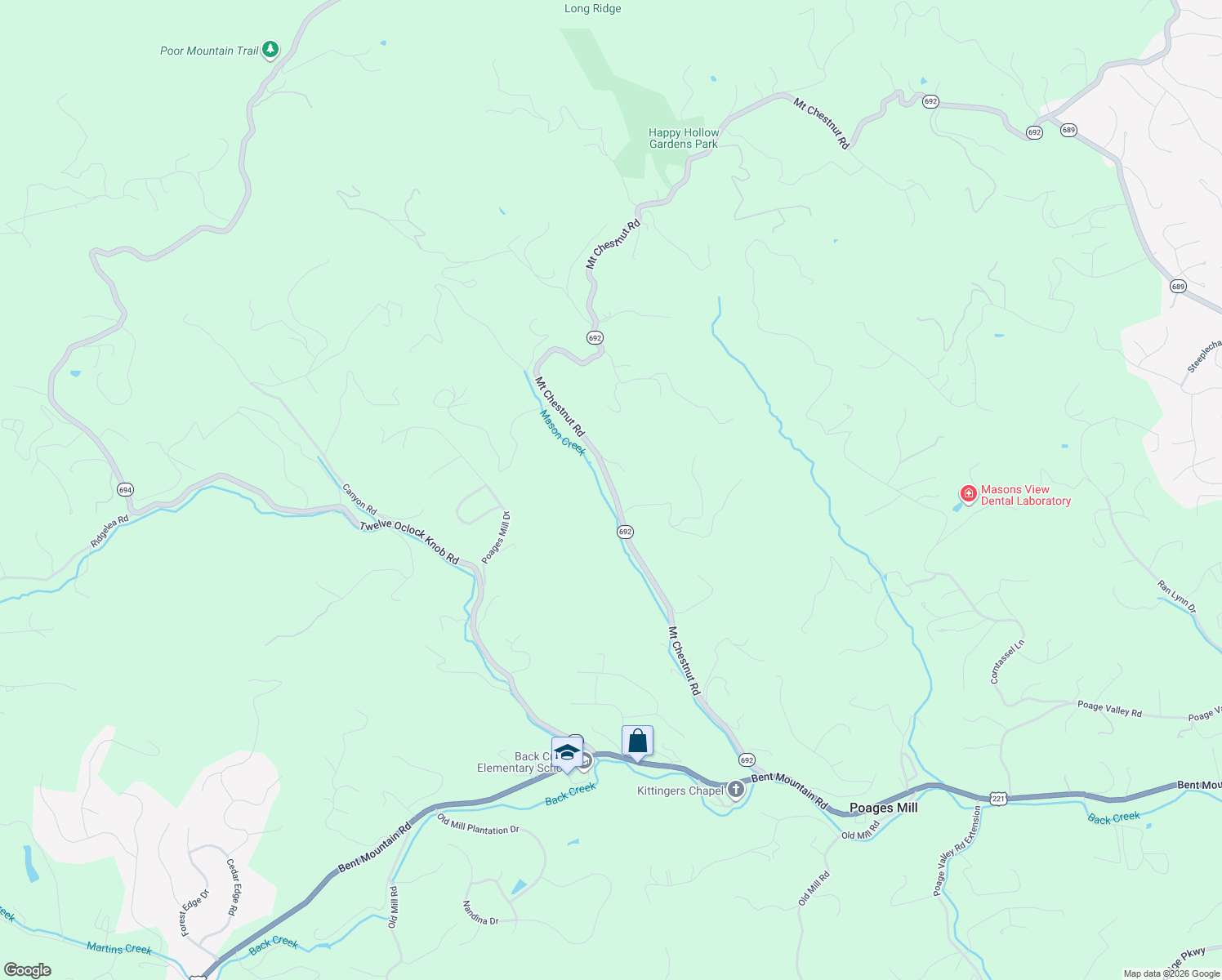 map of restaurants, bars, coffee shops, grocery stores, and more near 7495 Mount Chestnut Road in Roanoke