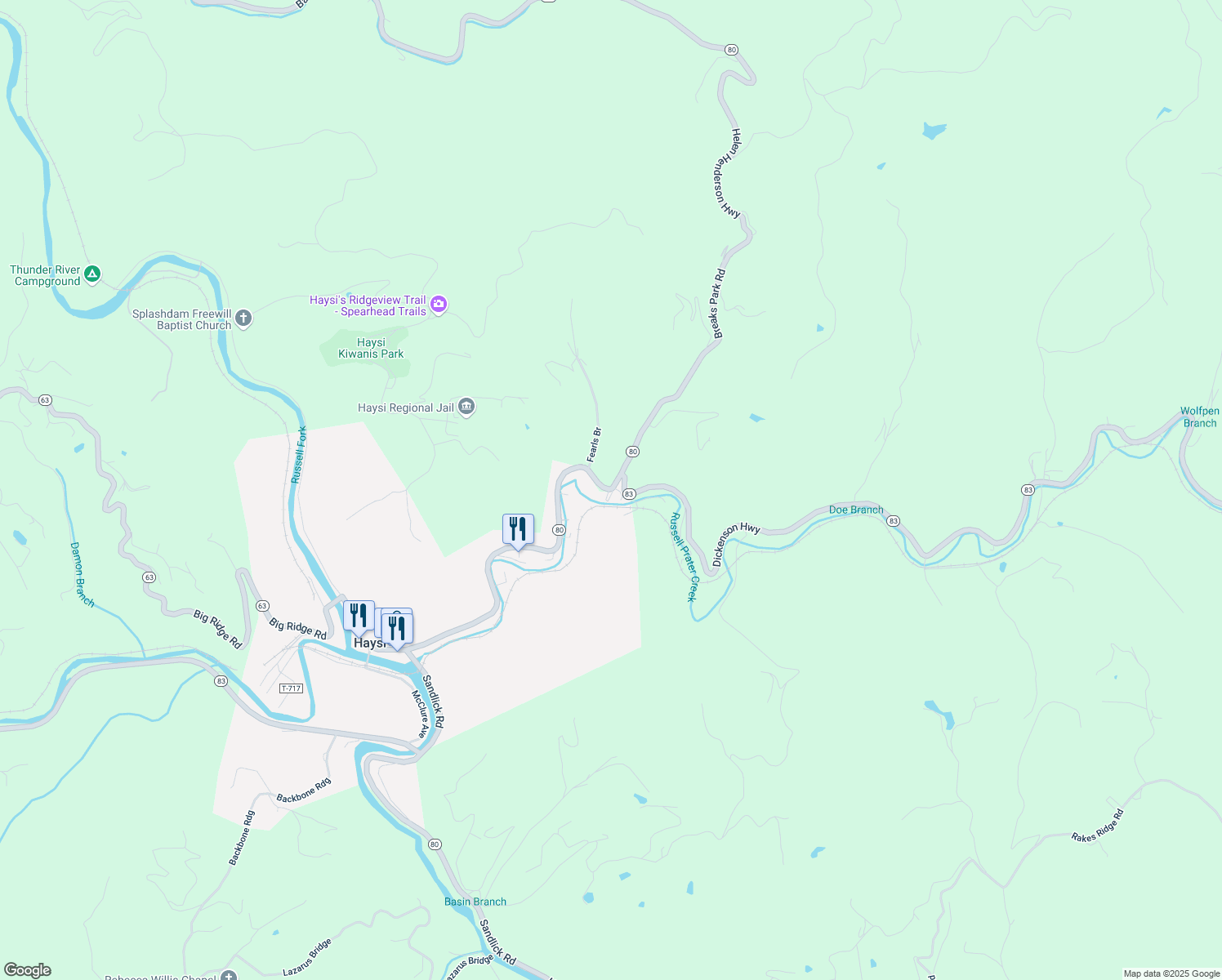 map of restaurants, bars, coffee shops, grocery stores, and more near Dickenson Highway in Haysi