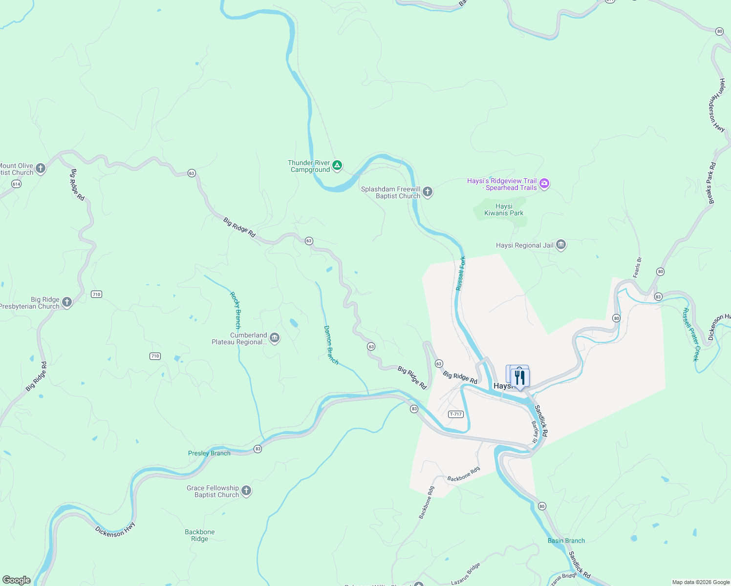 map of restaurants, bars, coffee shops, grocery stores, and more near Haygar Mountain Loop in Haysi