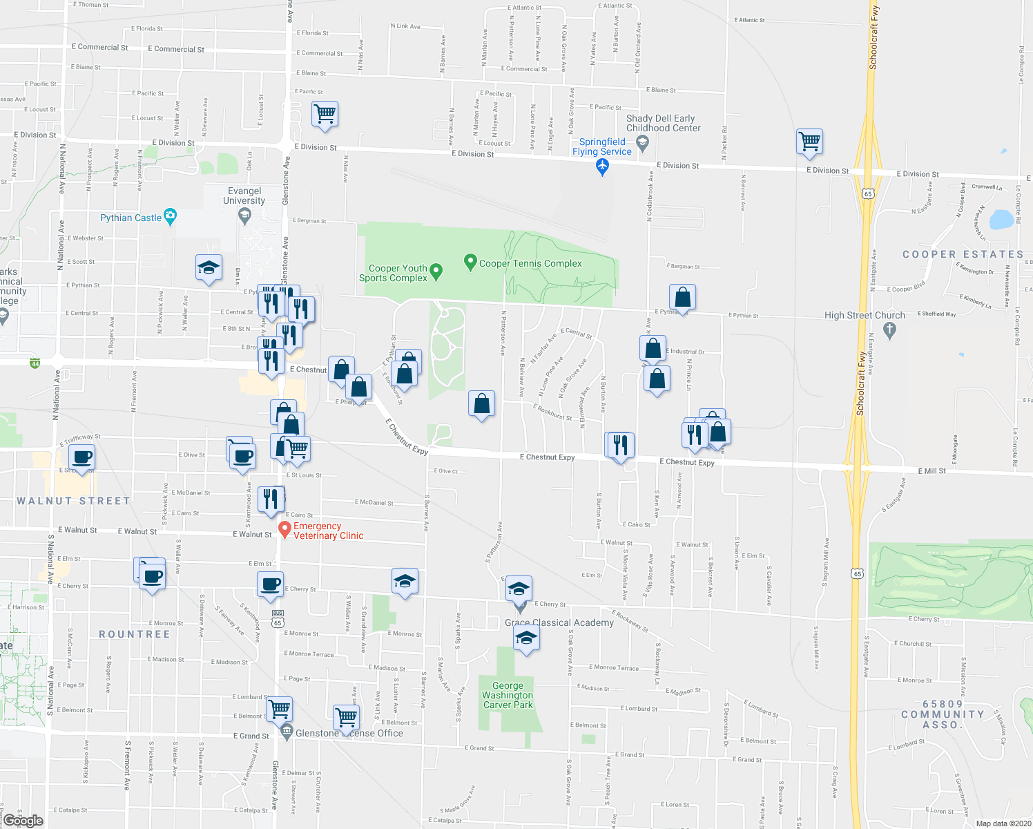 map of restaurants, bars, coffee shops, grocery stores, and more near 533 North Belview Avenue in Springfield
