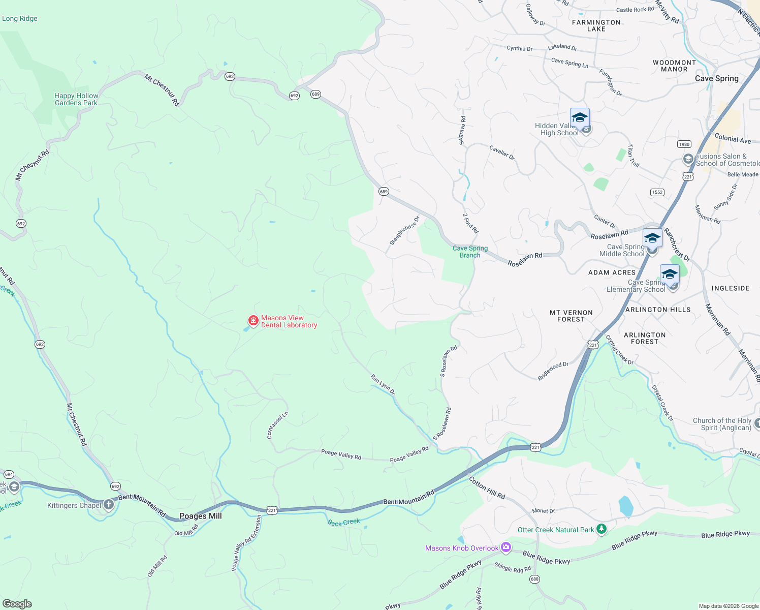 map of restaurants, bars, coffee shops, grocery stores, and more near 6324 Midsummer Lane in Roanoke