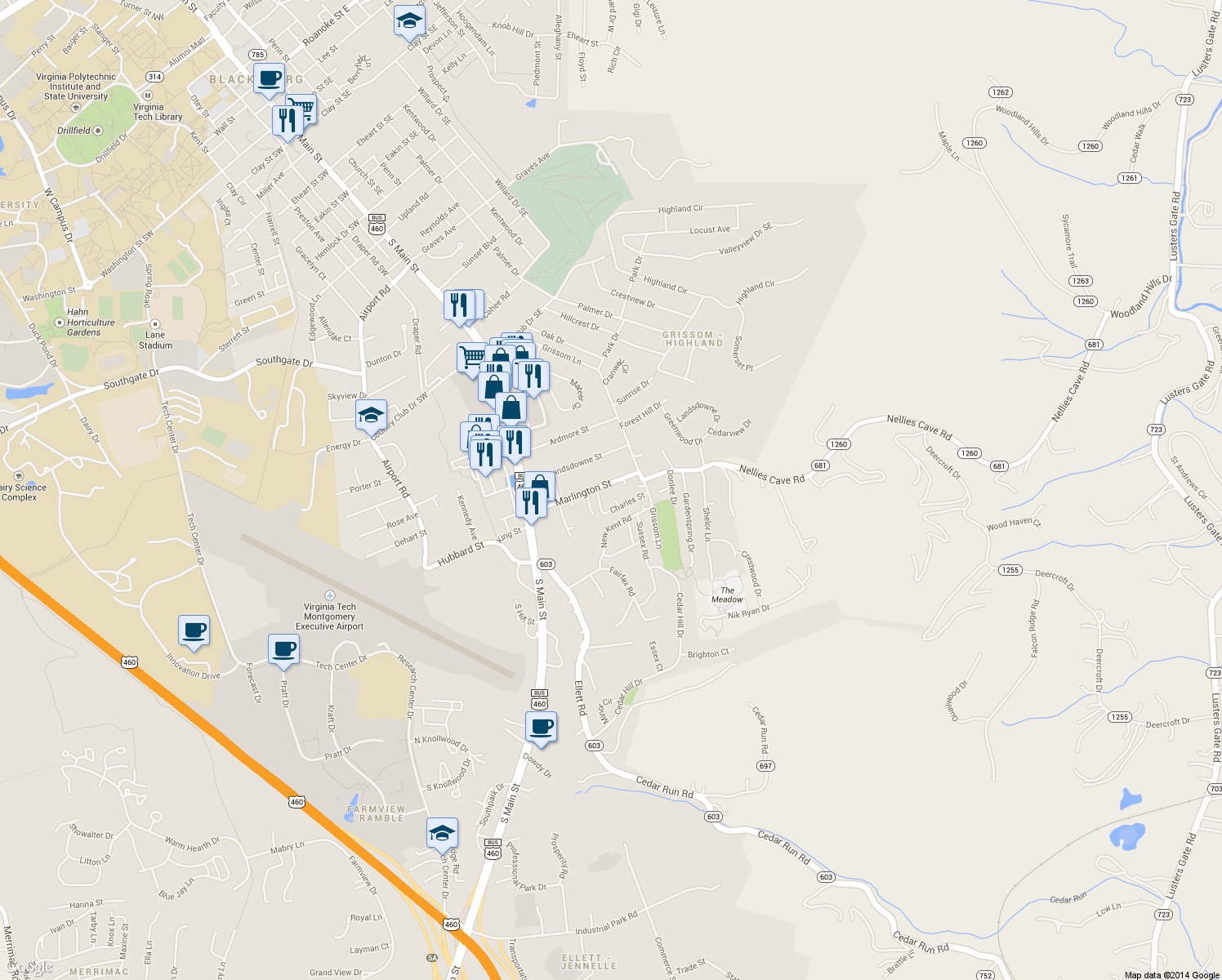 map of restaurants, bars, coffee shops, grocery stores, and more near 359 Marlington St in Blacksburg
