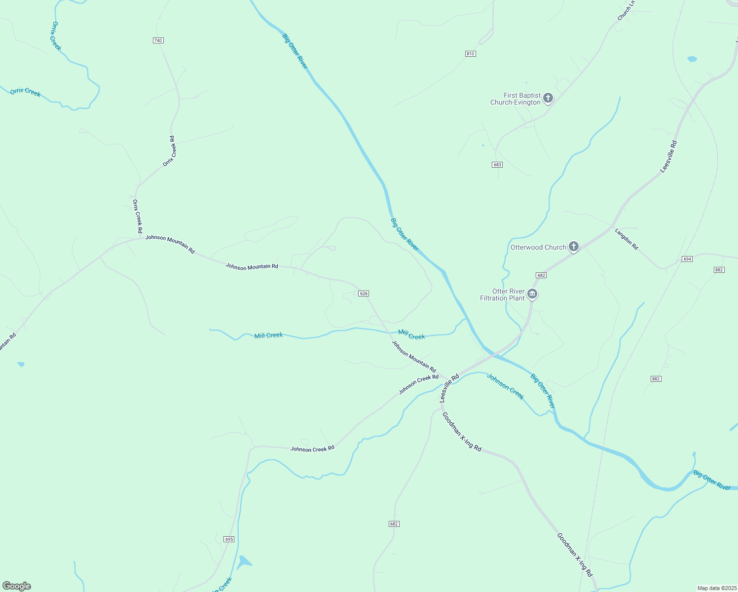 map of restaurants, bars, coffee shops, grocery stores, and more near 581 Johnson Mountain Road in Evington