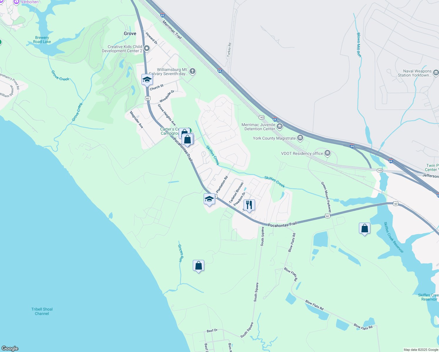 map of restaurants, bars, coffee shops, grocery stores, and more near 1847 Ferrell Drive in Williamsburg
