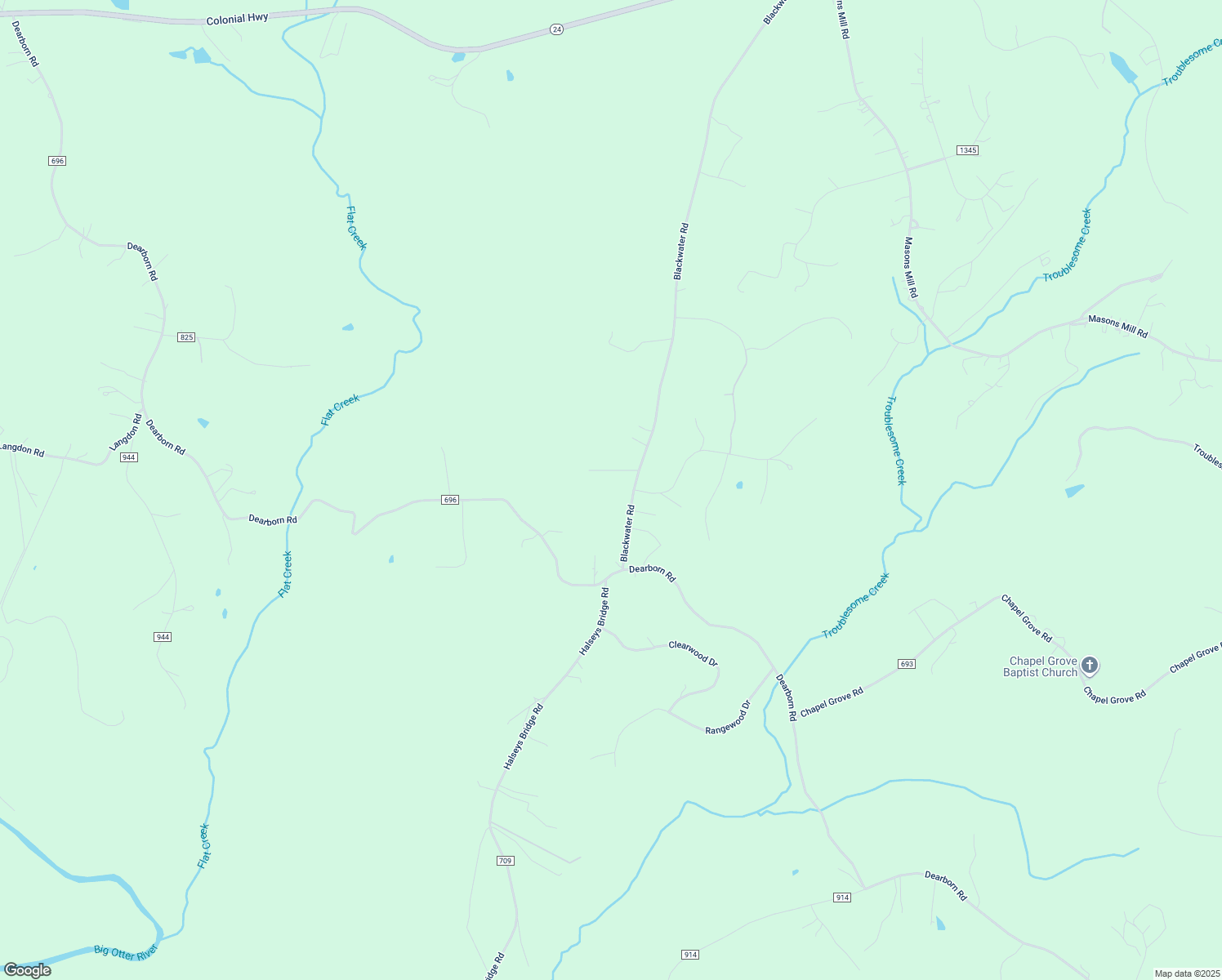 map of restaurants, bars, coffee shops, grocery stores, and more near 1589 Blackwater Road in Evington