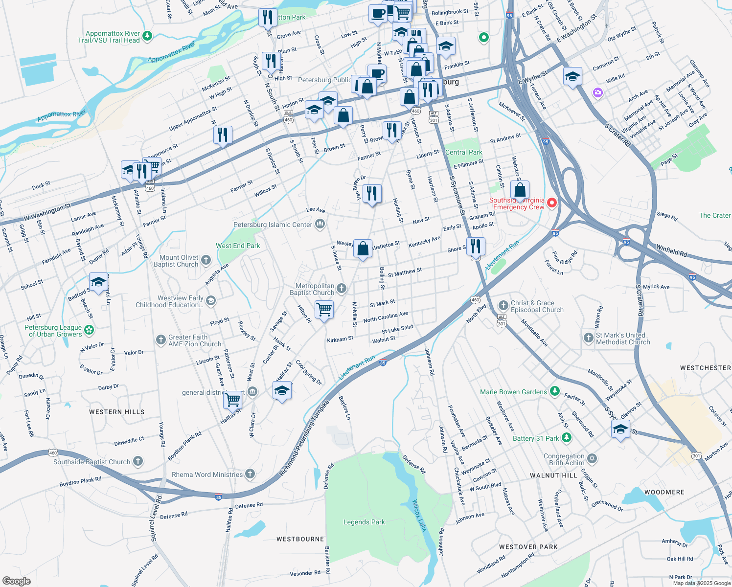 map of restaurants, bars, coffee shops, grocery stores, and more near 999 Melville Street in Petersburg