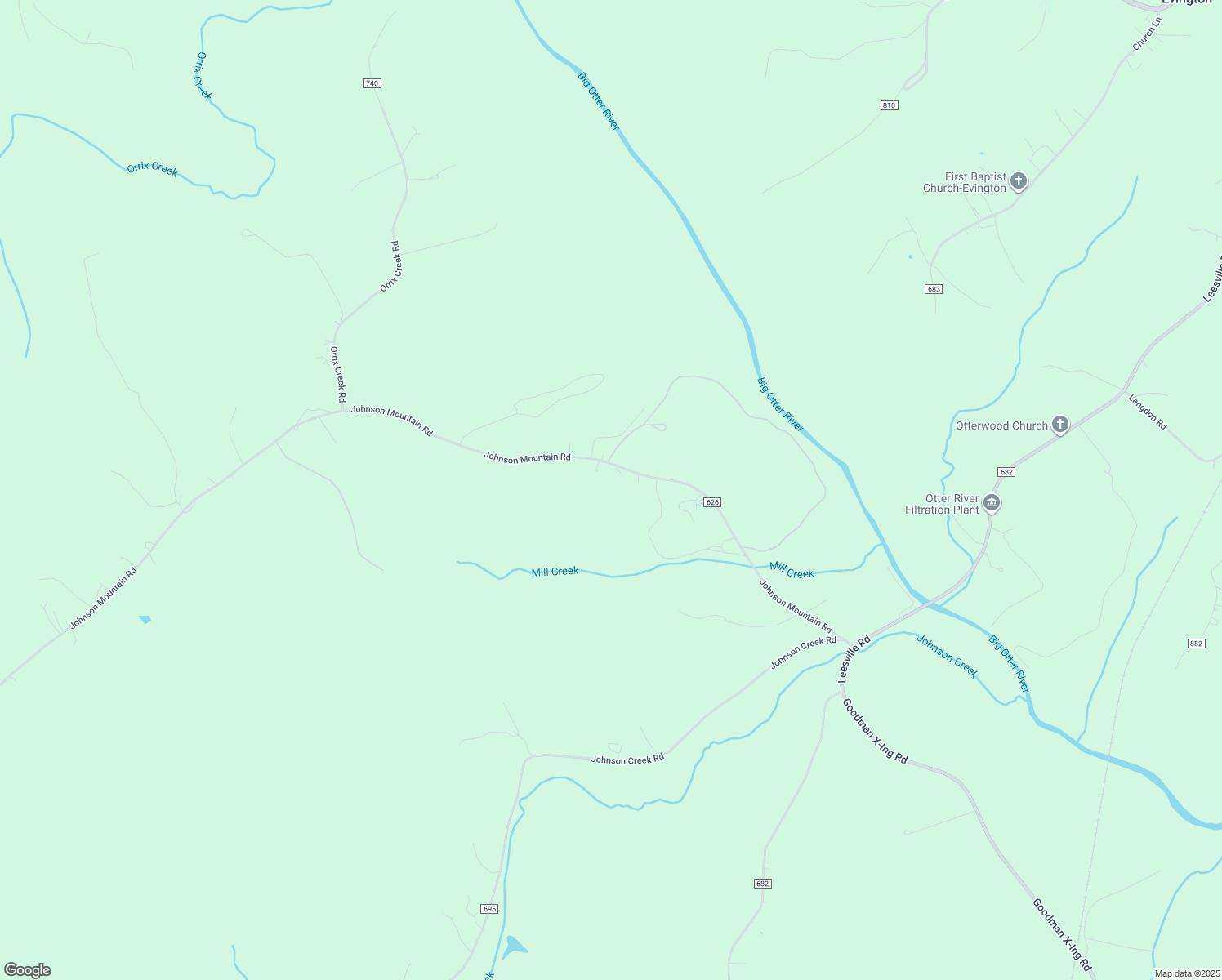 map of restaurants, bars, coffee shops, grocery stores, and more near 886 Johnson Mountain Road in Evington