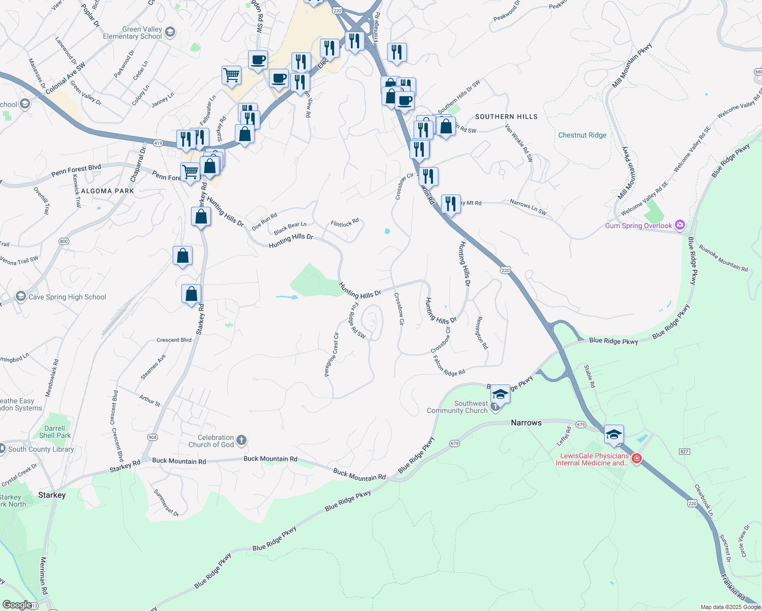 map of restaurants, bars, coffee shops, grocery stores, and more near 4986 Hunting Hills Circle in Cave Spring