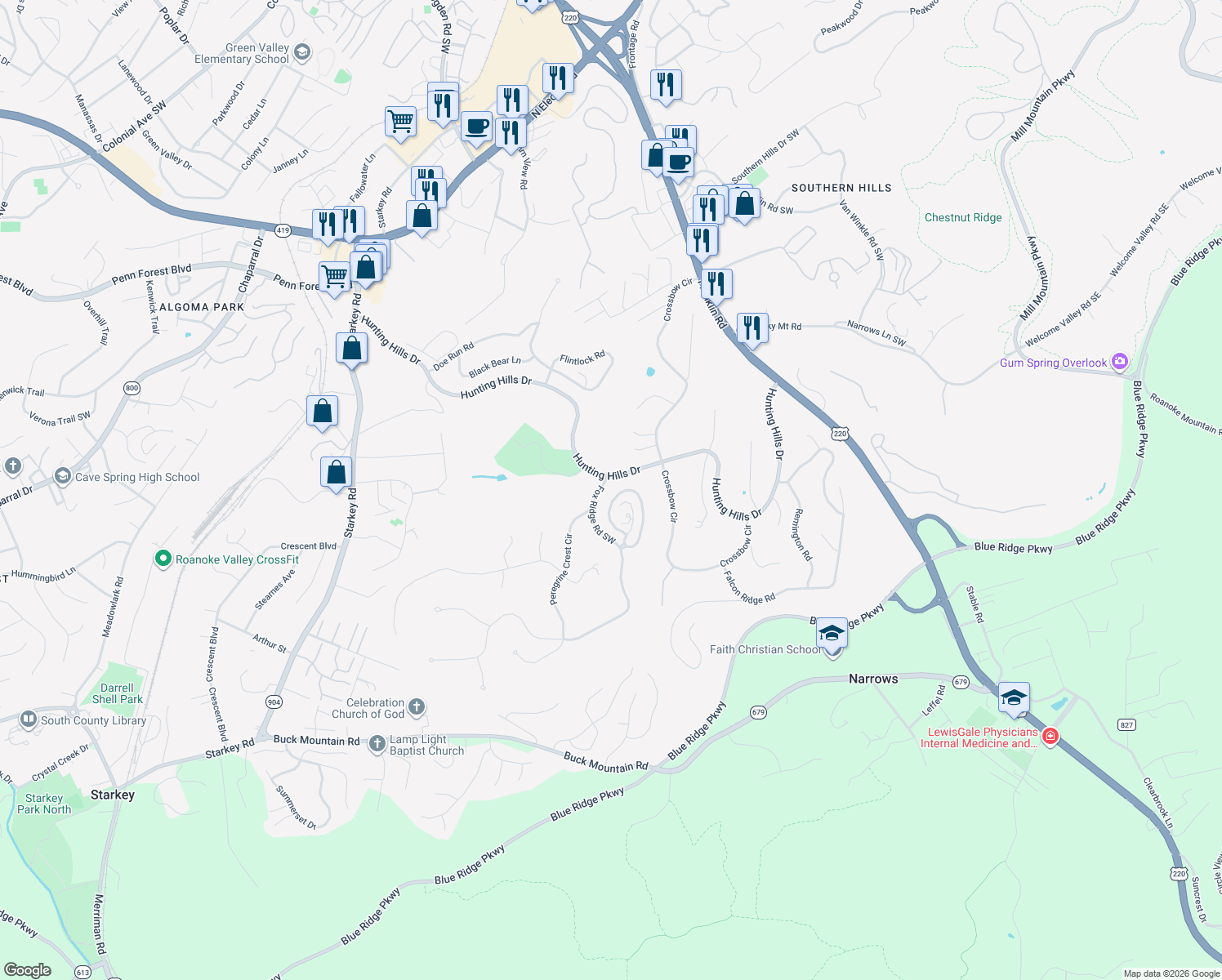map of restaurants, bars, coffee shops, grocery stores, and more near 4966 Hunting Hills Circle in Cave Spring