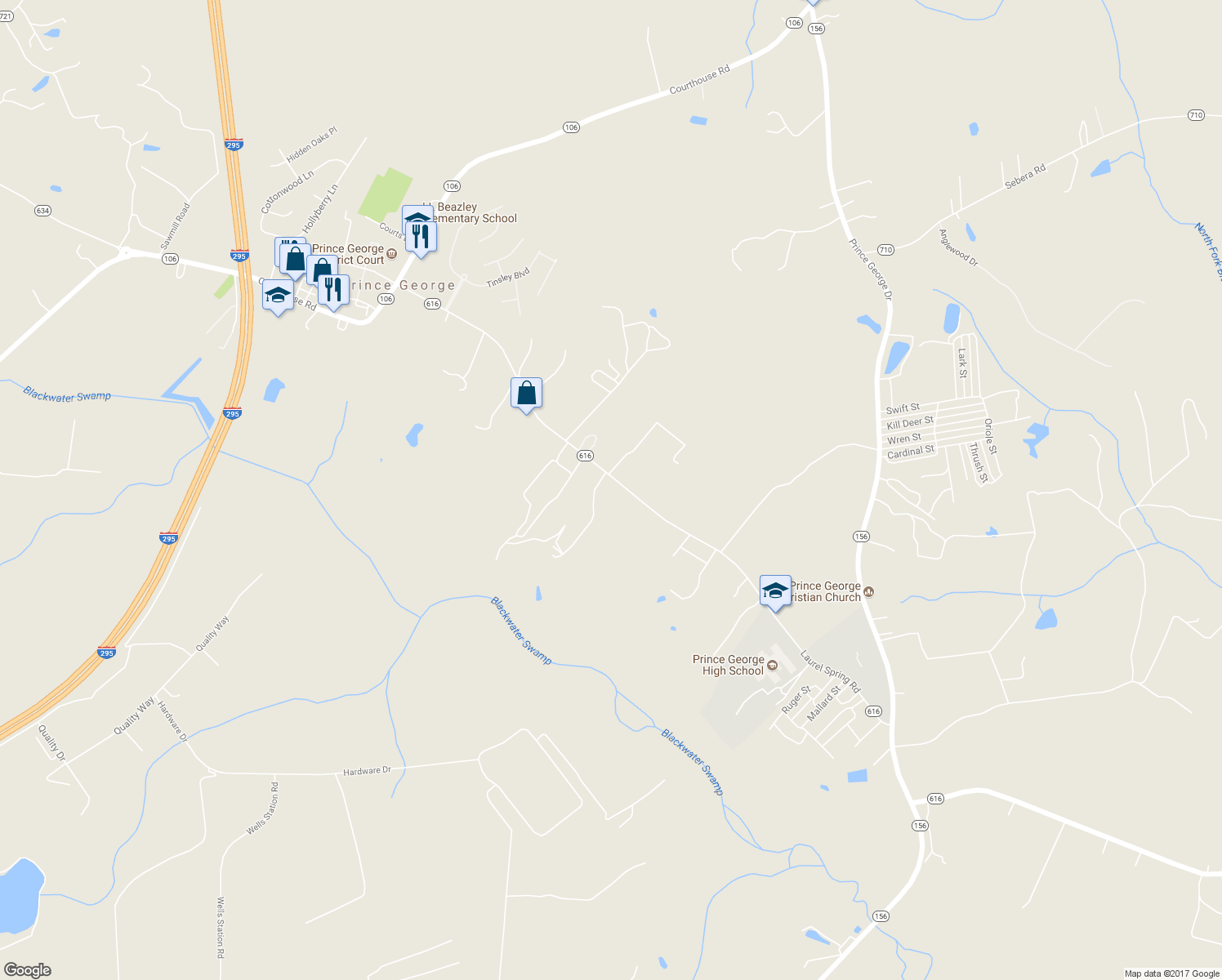 map of restaurants, bars, coffee shops, grocery stores, and more near 7219 Laurel Spring Road in Prince George