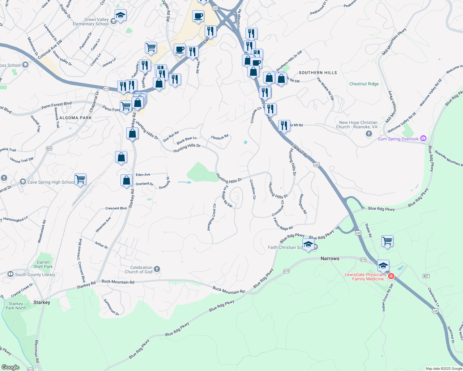 map of restaurants, bars, coffee shops, grocery stores, and more near 4966 Hunting Hills Circle in Cave Spring