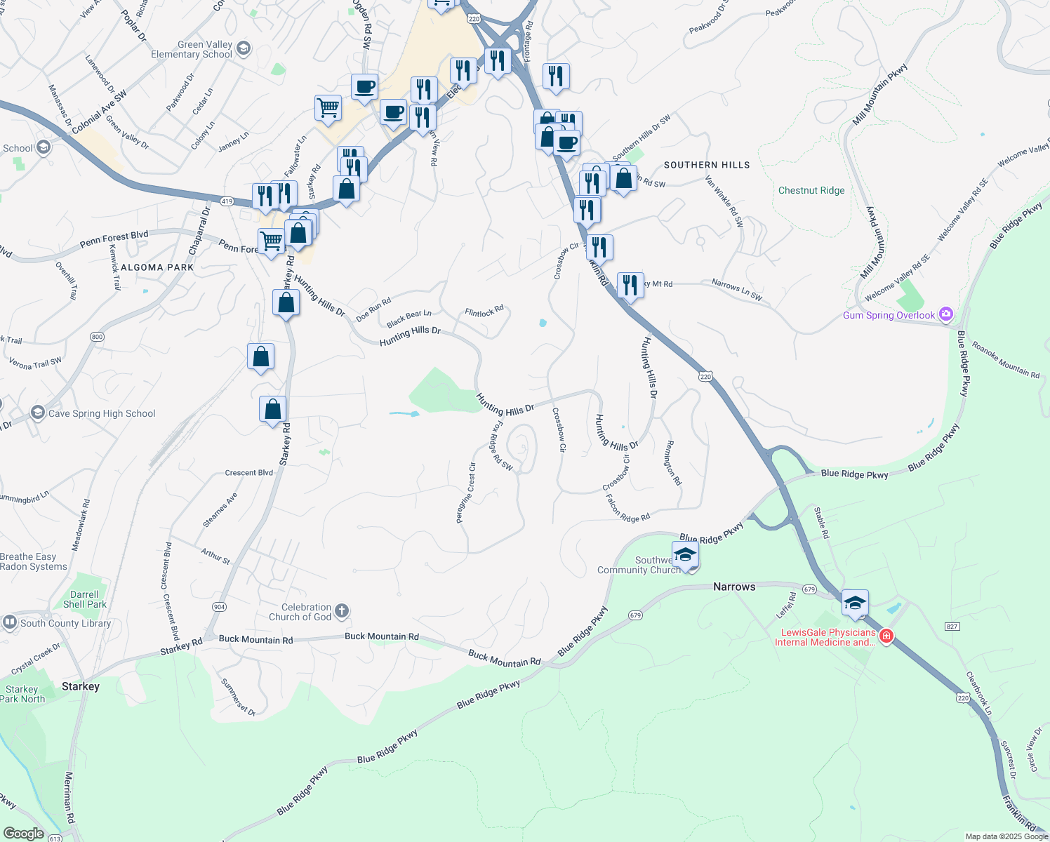 map of restaurants, bars, coffee shops, grocery stores, and more near 4986 Hunting Hills Circle in Cave Spring