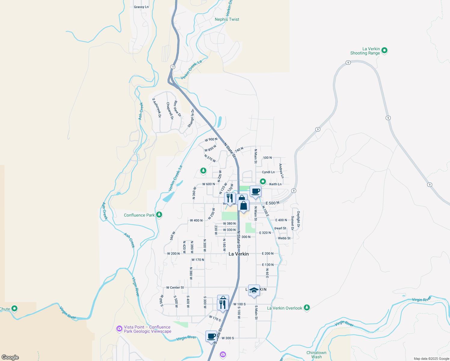 map of restaurants, bars, coffee shops, grocery stores, and more near 176 W 625 N in La Verkin