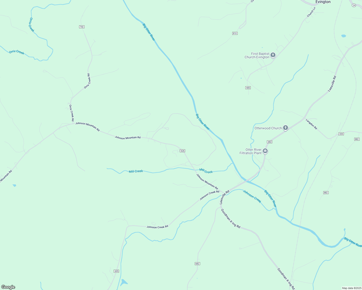 map of restaurants, bars, coffee shops, grocery stores, and more near 581 Johnson Mountain Road in Evington