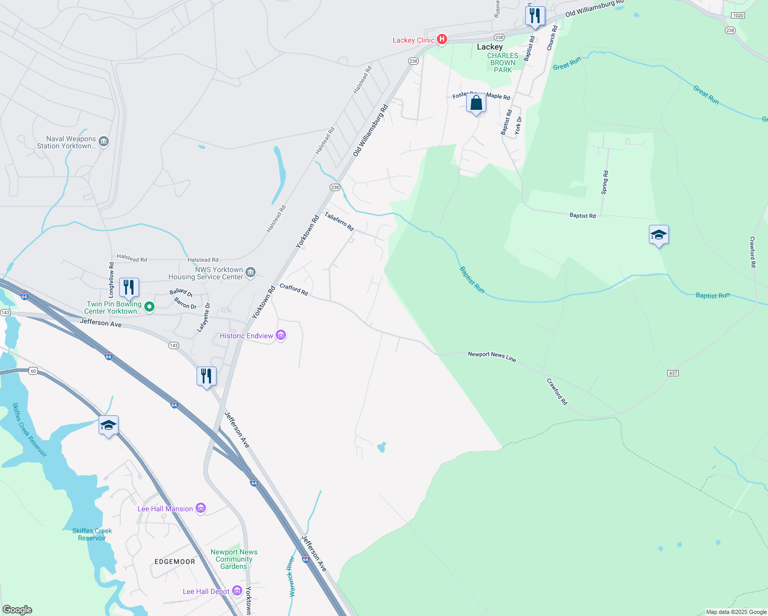 map of restaurants, bars, coffee shops, grocery stores, and more near 516 Lula Carter Rd in Newport News