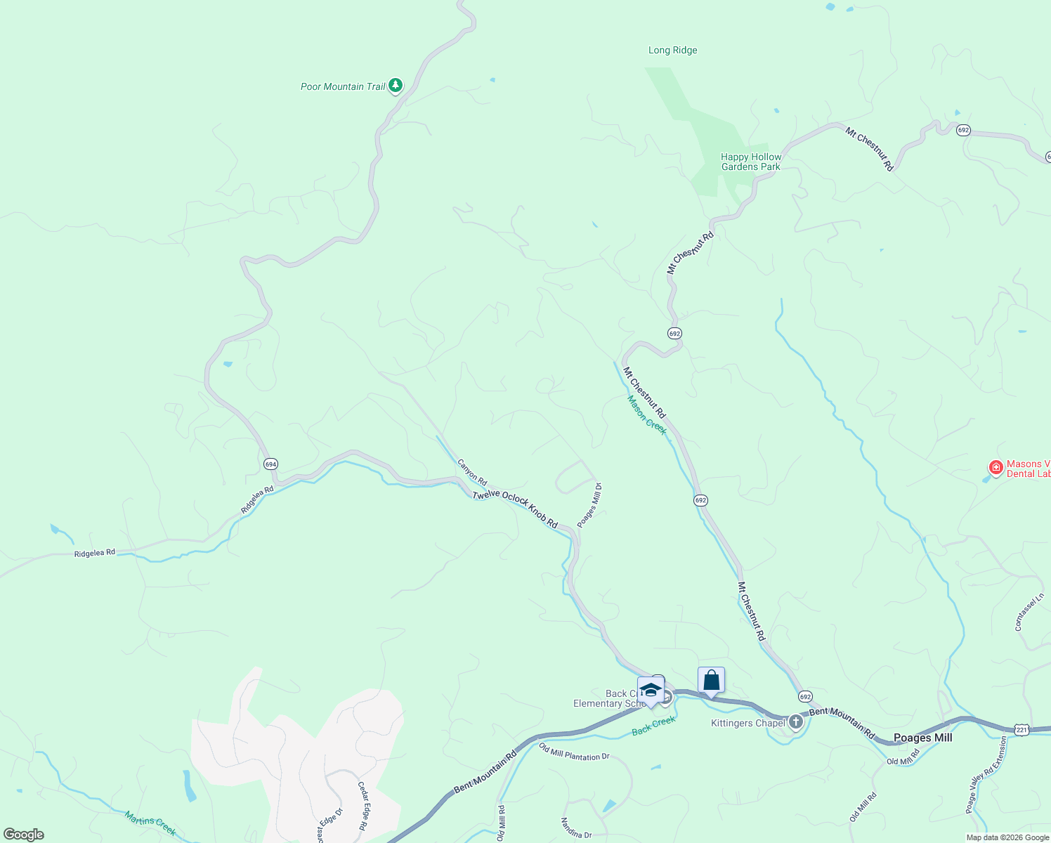 map of restaurants, bars, coffee shops, grocery stores, and more near 6670 Poages Mill Drive in Roanoke